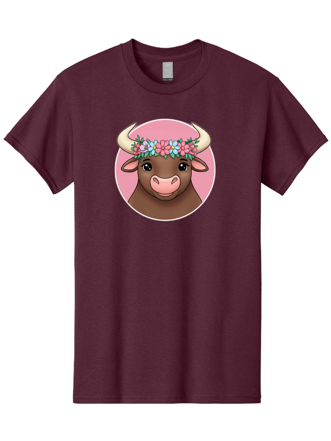 Cute-Bull-With-Flowers Men'S Graphic Tee, 100% Cotton, Comfortable Casual Summer Wear, Machine Washable, Cartoon Bull, Floral Wreath, Cute Animal, Pastel Colors, Adorable Illustration, Charming Design, Whimsical Art, Lovely Cow, Bae169 9