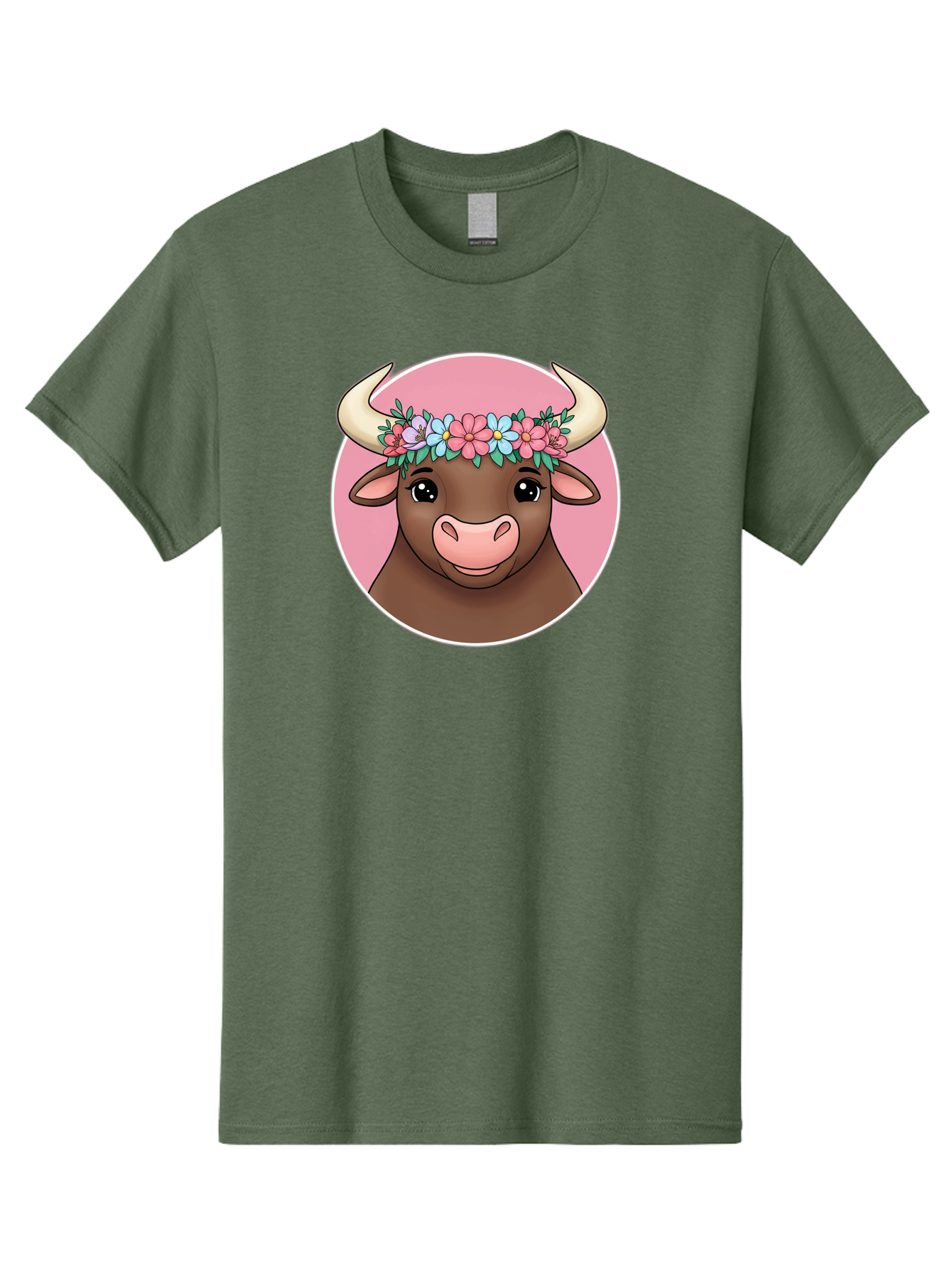 Cute-Bull-With-Flowers Men'S Graphic Tee, 100% Cotton, Comfortable Casual Summer Wear, Machine Washable, Cartoon Bull, Floral Wreath, Cute Animal, Pastel Colors, Adorable Illustration, Charming Design, Whimsical Art, Lovely Cow, Bae169 13