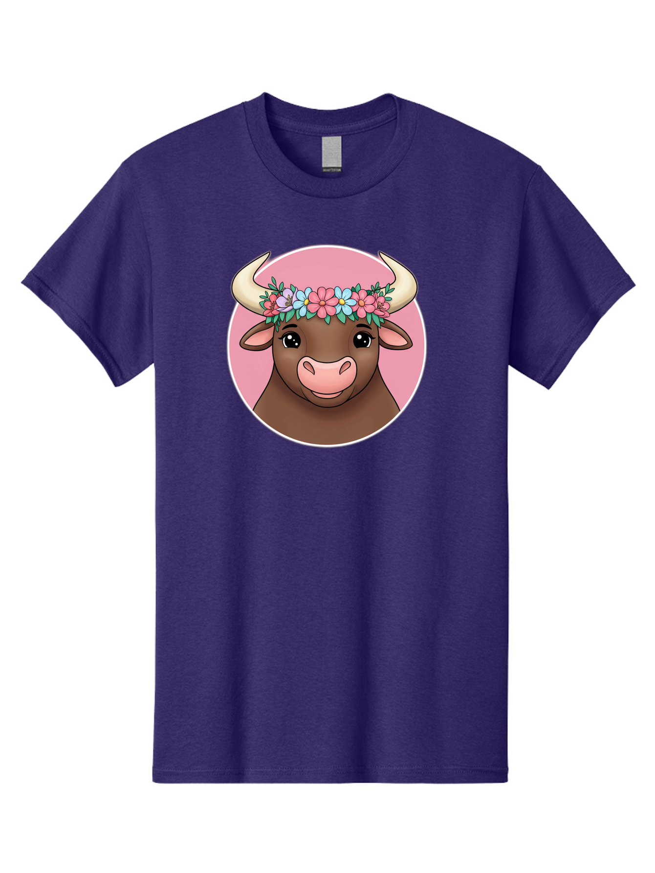 Cute-Bull-With-Flowers Men'S Graphic Tee, 100% Cotton, Comfortable Casual Summer Wear, Machine Washable, Cartoon Bull, Floral Wreath, Cute Animal, Pastel Colors, Adorable Illustration, Charming Design, Whimsical Art, Lovely Cow, Bae169 7