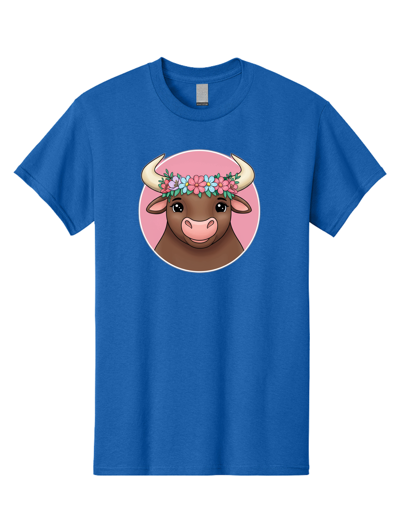 Cute-Bull-With-Flowers Men'S Graphic Tee, 100% Cotton, Comfortable Casual Summer Wear, Machine Washable, Cartoon Bull, Floral Wreath, Cute Animal, Pastel Colors, Adorable Illustration, Charming Design, Whimsical Art, Lovely Cow, Bae169 10