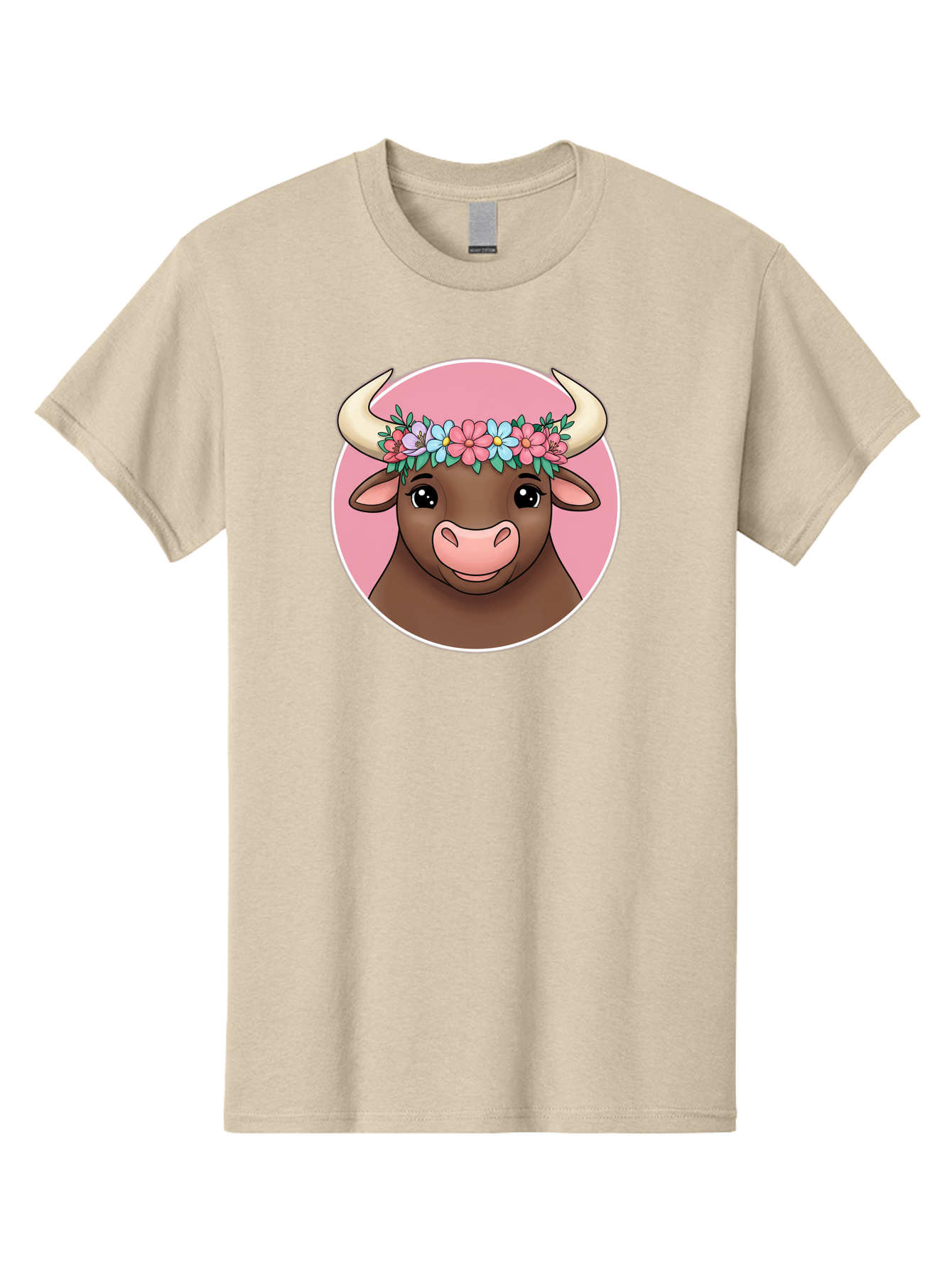 Cute-Bull-With-Flowers Men'S Graphic Tee, 100% Cotton, Comfortable Casual Summer Wear, Machine Washable, Cartoon Bull, Floral Wreath, Cute Animal, Pastel Colors, Adorable Illustration, Charming Design, Whimsical Art, Lovely Cow, Bae169 1