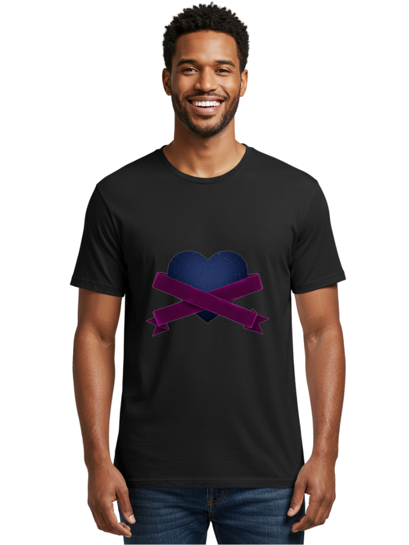 Dark-Heart-With-Ribbon Men'S Graphic Tee, 100% Cotton, Comfortable Casual Summer Wear, Machine Washable, Dark Heart, Purple Ribbon, Heart Shape, Velvet Texture, Symbol Of Love, Mourning Symbol, Grunge Style, Edgy Aesthetic, Dark Romance Bae173 21
