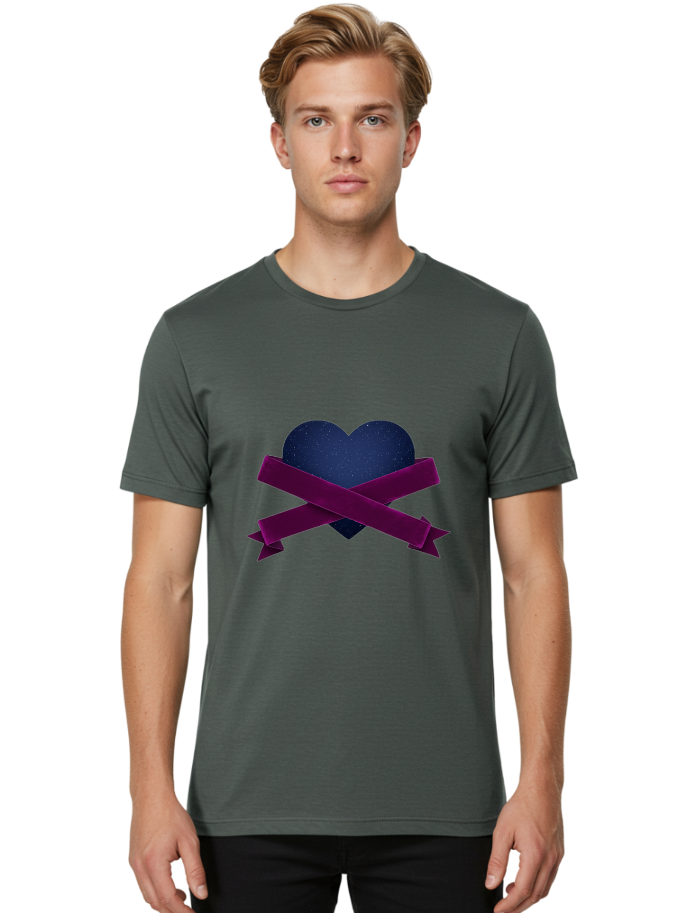Dark-Heart-With-Ribbon Men'S Graphic Tee, 100% Cotton, Comfortable Casual Summer Wear, Machine Washable, Dark Heart, Purple Ribbon, Heart Shape, Velvet Texture, Symbol Of Love, Mourning Symbol, Grunge Style, Edgy Aesthetic, Dark Romance Bae173 29
