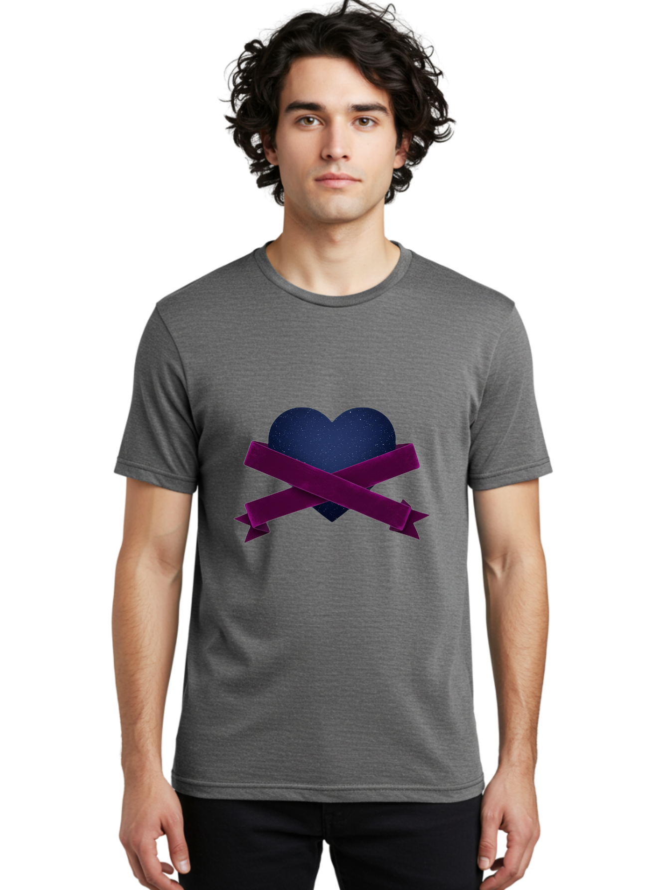 Dark-Heart-With-Ribbon Men'S Graphic Tee, 100% Cotton, Comfortable Casual Summer Wear, Machine Washable, Dark Heart, Purple Ribbon, Heart Shape, Velvet Texture, Symbol Of Love, Mourning Symbol, Grunge Style, Edgy Aesthetic, Dark Romance Bae173 17