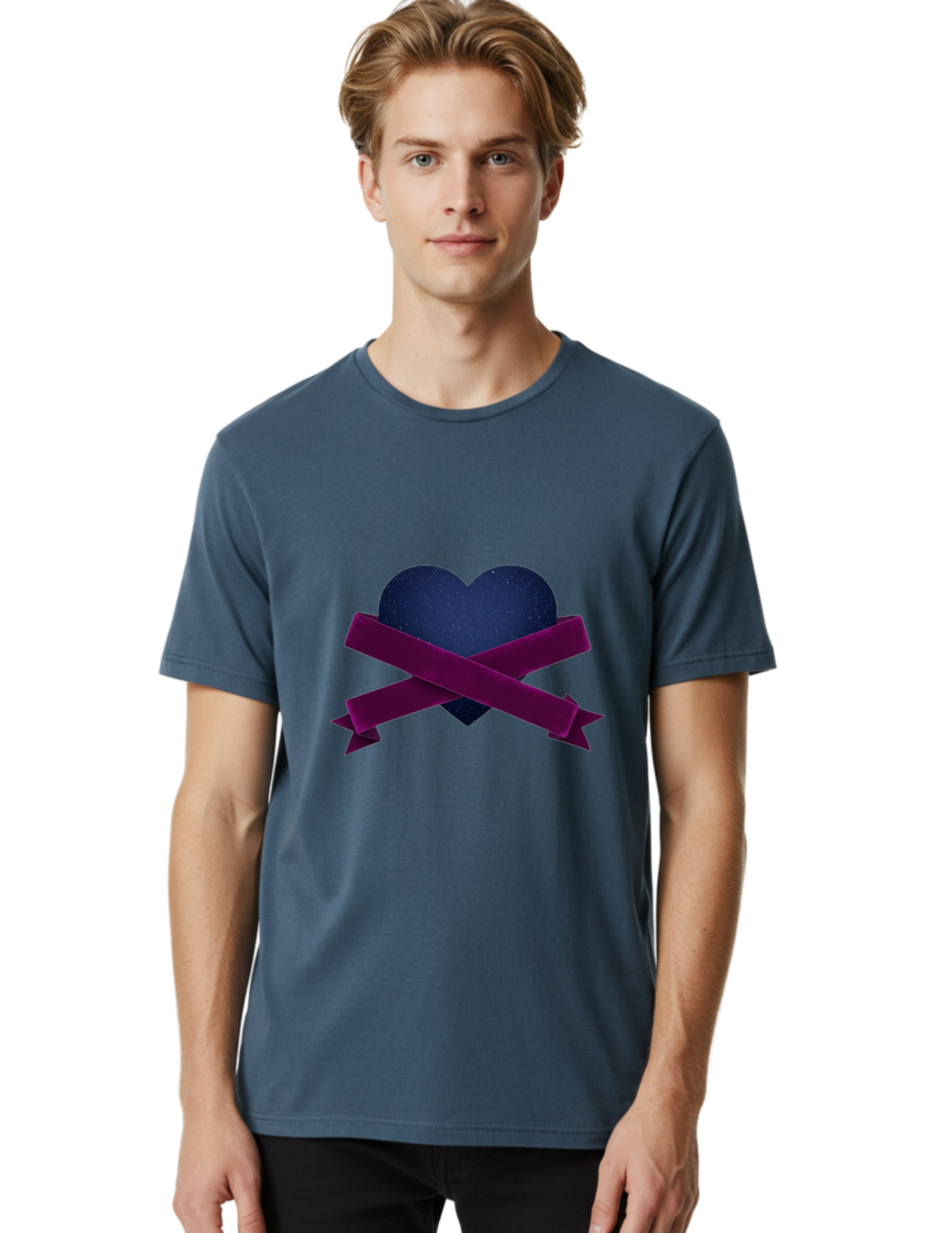 Dark-Heart-With-Ribbon Men'S Graphic Tee, 100% Cotton, Comfortable Casual Summer Wear, Machine Washable, Dark Heart, Purple Ribbon, Heart Shape, Velvet Texture, Symbol Of Love, Mourning Symbol, Grunge Style, Edgy Aesthetic, Dark Romance Bae173 16