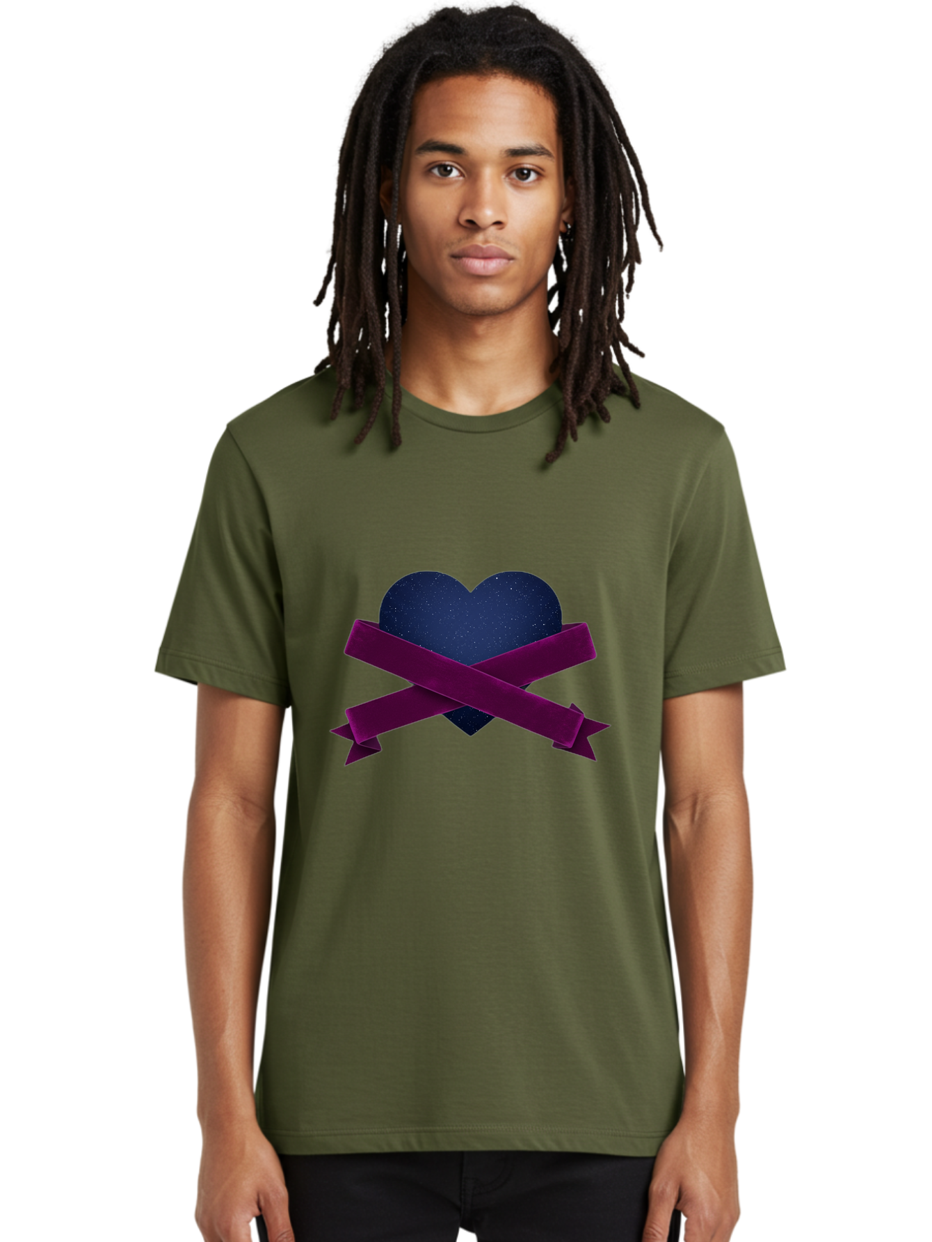 Dark-Heart-With-Ribbon Men'S Graphic Tee, 100% Cotton, Comfortable Casual Summer Wear, Machine Washable, Dark Heart, Purple Ribbon, Heart Shape, Velvet Texture, Symbol Of Love, Mourning Symbol, Grunge Style, Edgy Aesthetic, Dark Romance Bae173 24