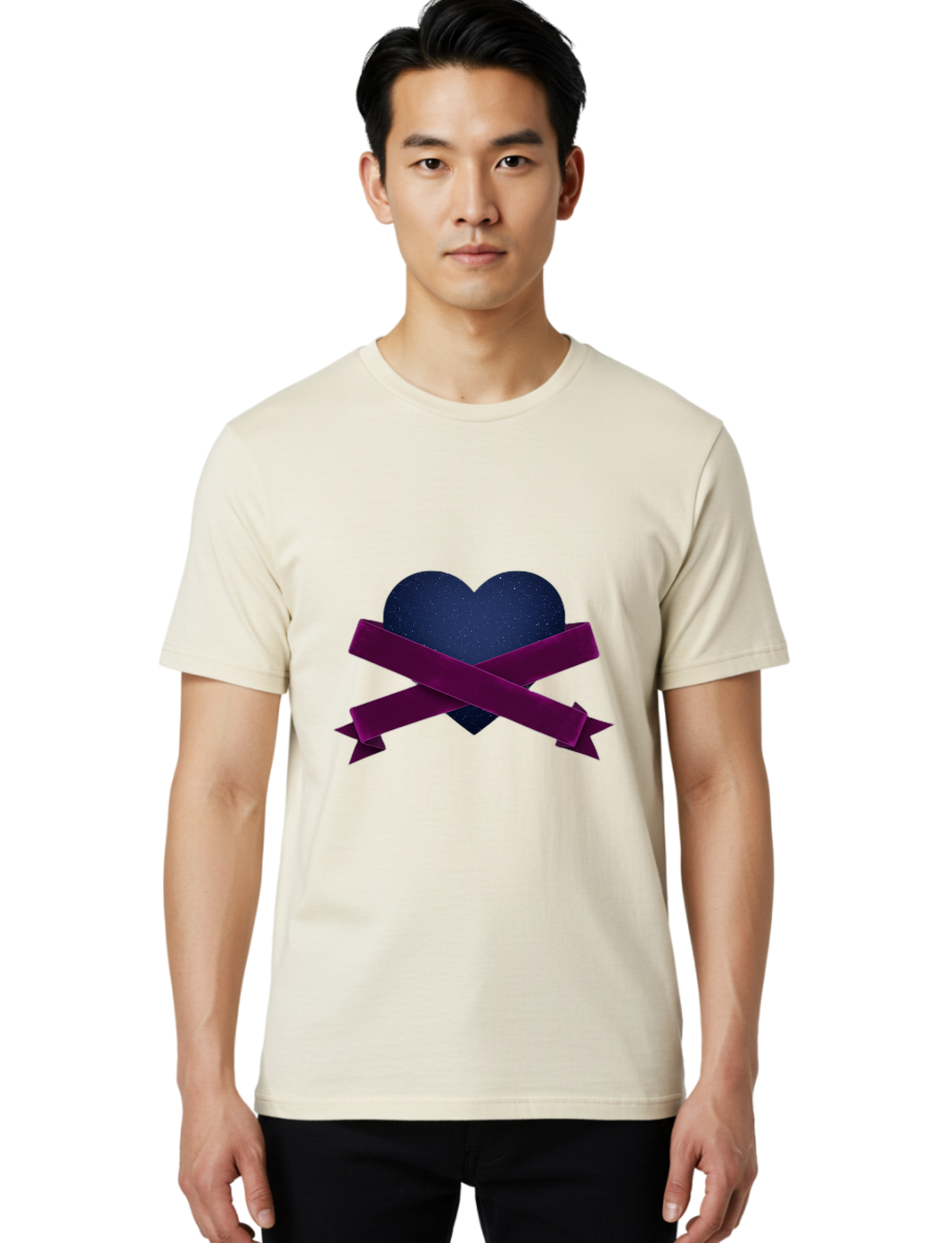 Dark-Heart-With-Ribbon Men'S Graphic Tee, 100% Cotton, Comfortable Casual Summer Wear, Machine Washable, Dark Heart, Purple Ribbon, Heart Shape, Velvet Texture, Symbol Of Love, Mourning Symbol, Grunge Style, Edgy Aesthetic, Dark Romance Bae173 19