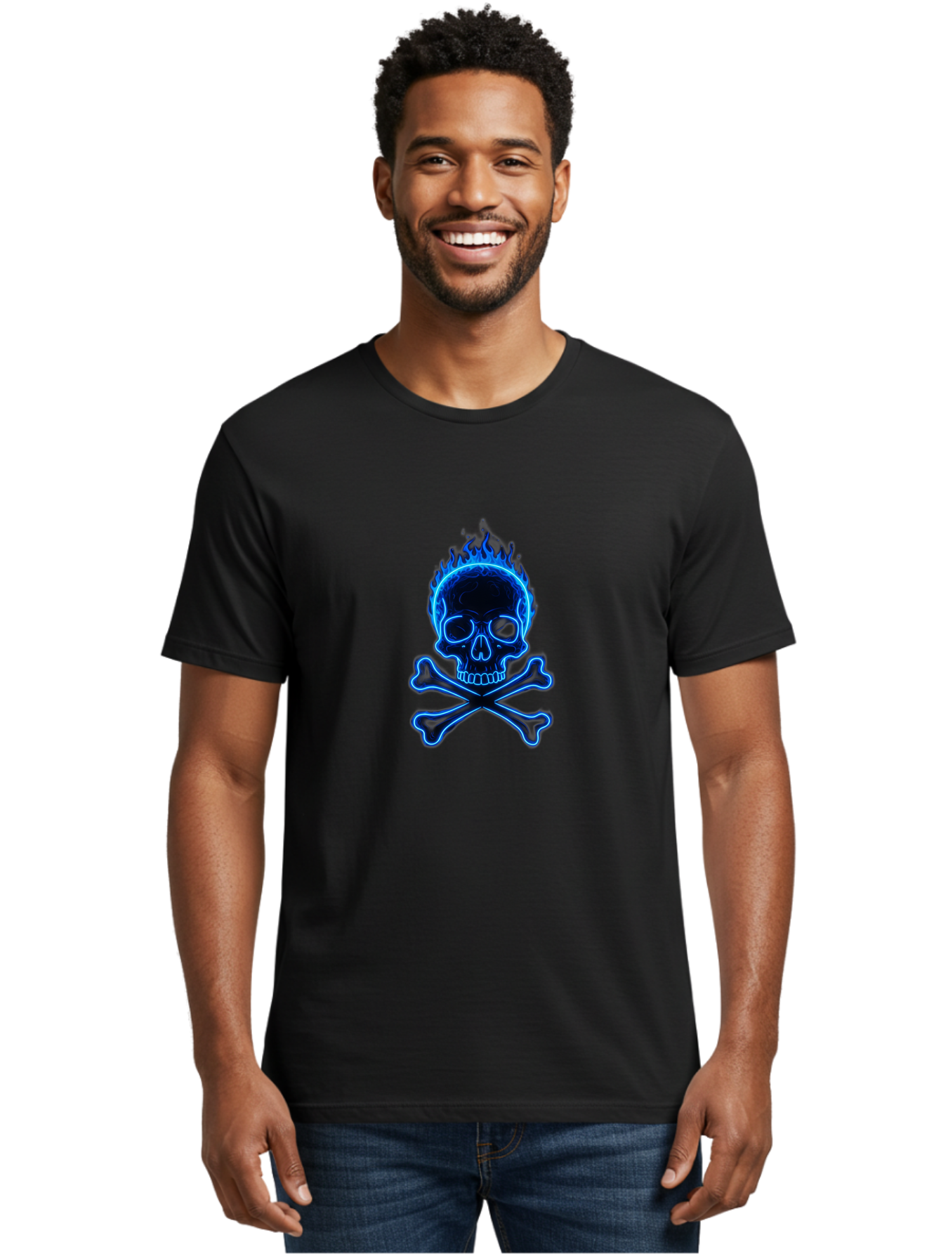 Flaming-Skull-And-Crossbones Men'S Graphic Tee, 100% Cotton, Comfortable Casual Summer Wear, Machine Washable, Skull And Crossbones, Danger Symbol, Death Sign, Pirate Flag, Toxic Warning, Hazardous Materials, Neon Effect, Glowing Blue, Bae177 21