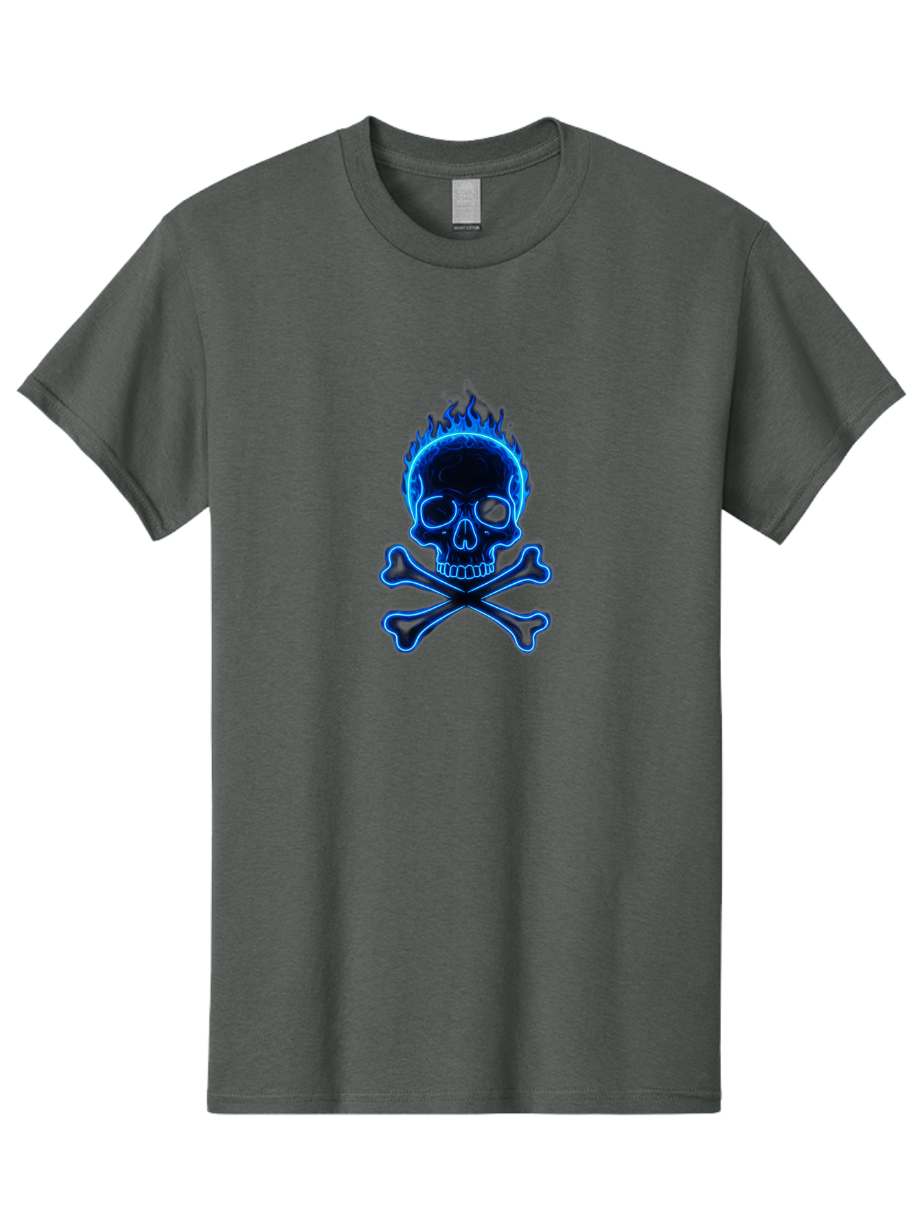 Flaming-Skull-And-Crossbones Men'S Graphic Tee, 100% Cotton, Comfortable Casual Summer Wear, Machine Washable, Skull And Crossbones, Danger Symbol, Death Sign, Pirate Flag, Toxic Warning, Hazardous Materials, Neon Effect, Glowing Blue, Bae177 5