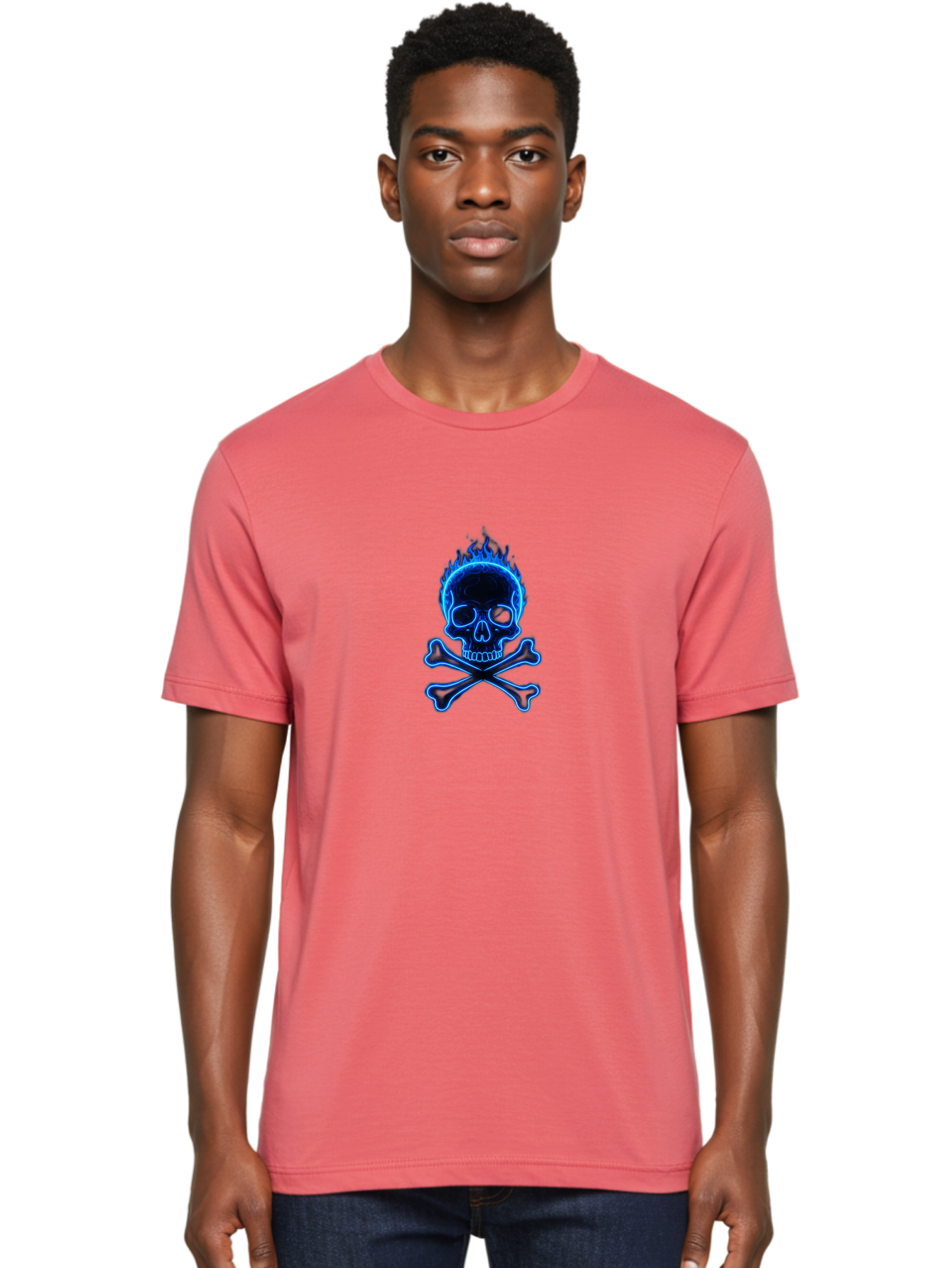 Flaming-Skull-And-Crossbones Men'S Graphic Tee, 100% Cotton, Comfortable Casual Summer Wear, Machine Washable, Skull And Crossbones, Danger Symbol, Death Sign, Pirate Flag, Toxic Warning, Hazardous Materials, Neon Effect, Glowing Blue, Bae177 30
