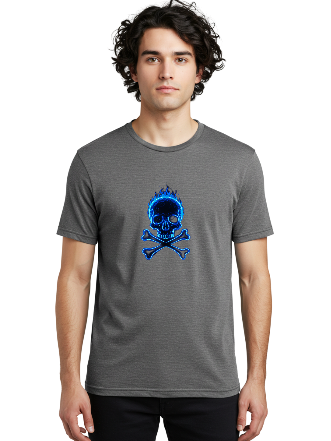 Flaming-Skull-And-Crossbones Men'S Graphic Tee, 100% Cotton, Comfortable Casual Summer Wear, Machine Washable, Skull And Crossbones, Danger Symbol, Death Sign, Pirate Flag, Toxic Warning, Hazardous Materials, Neon Effect, Glowing Blue, Bae177 24