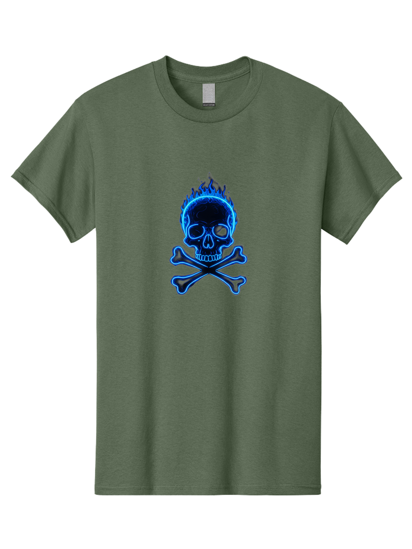 Flaming-Skull-And-Crossbones Men'S Graphic Tee, 100% Cotton, Comfortable Casual Summer Wear, Machine Washable, Skull And Crossbones, Danger Symbol, Death Sign, Pirate Flag, Toxic Warning, Hazardous Materials, Neon Effect, Glowing Blue, Bae177 2