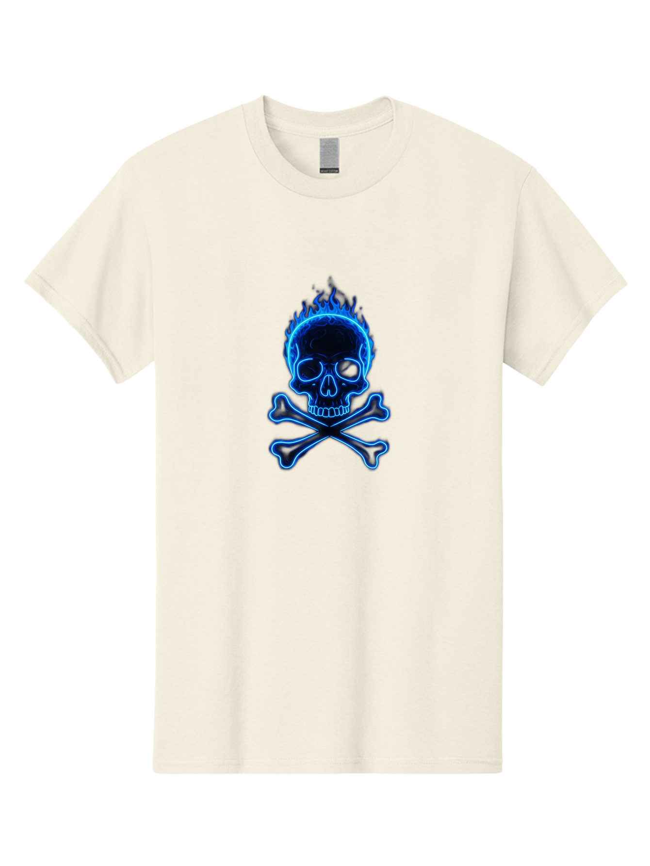 Flaming-Skull-And-Crossbones Men'S Graphic Tee, 100% Cotton, Comfortable Casual Summer Wear, Machine Washable, Skull And Crossbones, Danger Symbol, Death Sign, Pirate Flag, Toxic Warning, Hazardous Materials, Neon Effect, Glowing Blue, Bae177 4