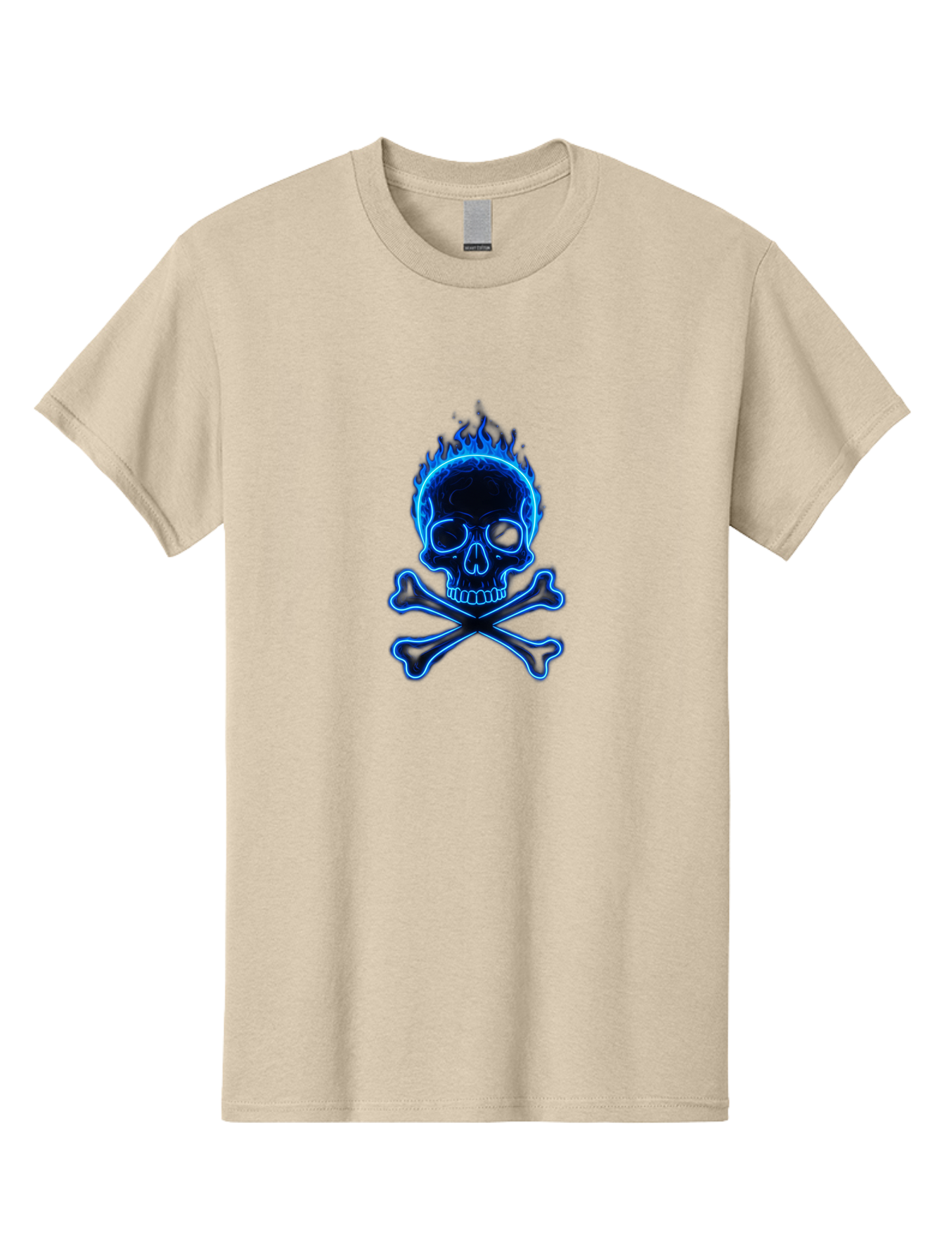 Flaming-Skull-And-Crossbones Men'S Graphic Tee, 100% Cotton, Comfortable Casual Summer Wear, Machine Washable, Skull And Crossbones, Danger Symbol, Death Sign, Pirate Flag, Toxic Warning, Hazardous Materials, Neon Effect, Glowing Blue, Bae177 1