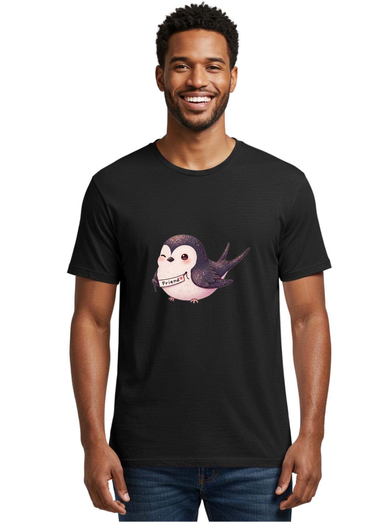 Friend Men'S Graphic Tee, 100% Cotton, Comfortable Casual Summer Wear, Machine Washable, Cartoon Bird, Friendship Symbol, Cute Animal, Bird Holding Sign, Sweet Gesture, Friendship Gift, Friendship Card, Adorable Illustration, Friendship Theme, Bae182 17