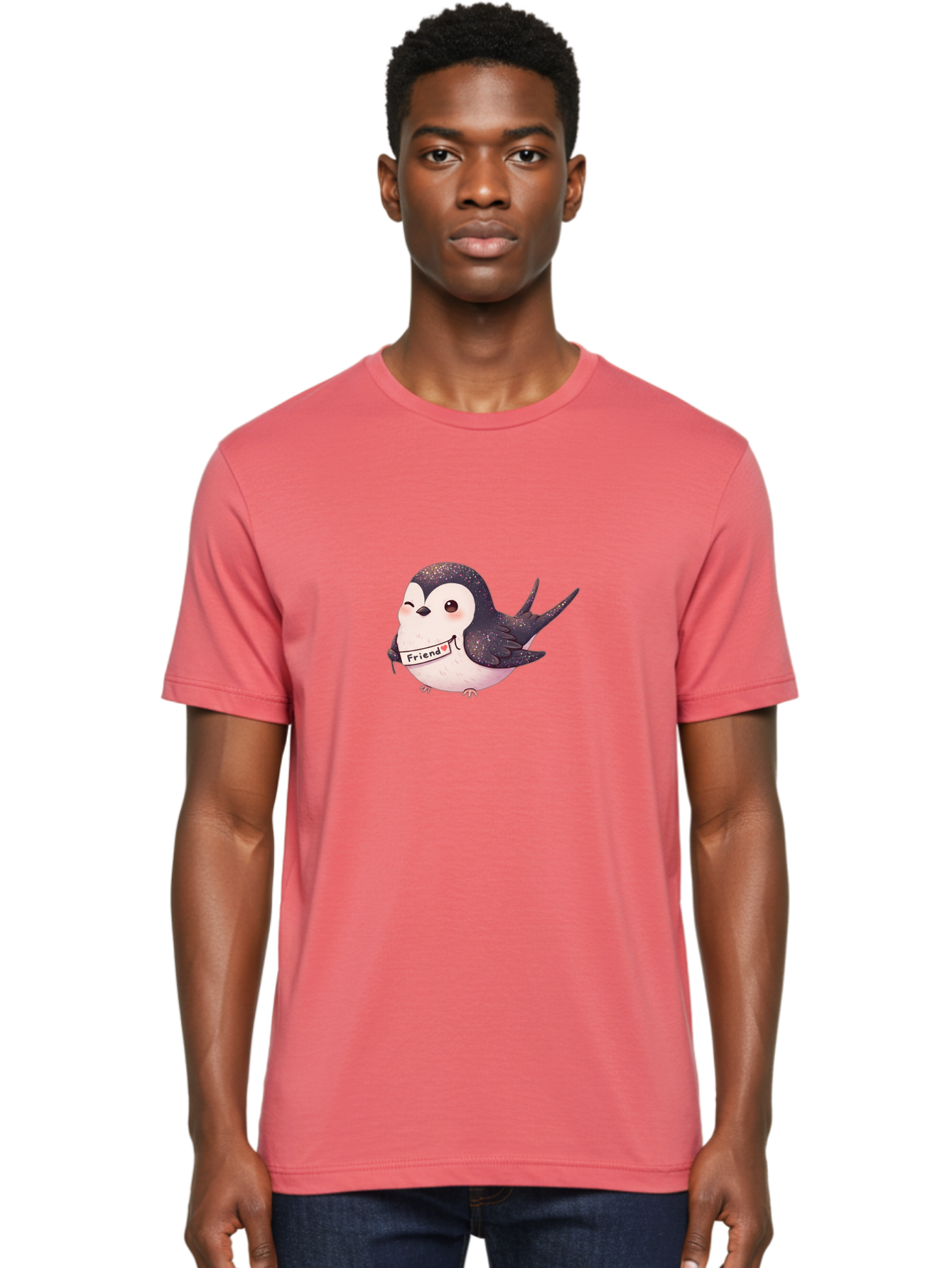 Friend Men'S Graphic Tee, 100% Cotton, Comfortable Casual Summer Wear, Machine Washable, Cartoon Bird, Friendship Symbol, Cute Animal, Bird Holding Sign, Sweet Gesture, Friendship Gift, Friendship Card, Adorable Illustration, Friendship Theme, Bae182 23
