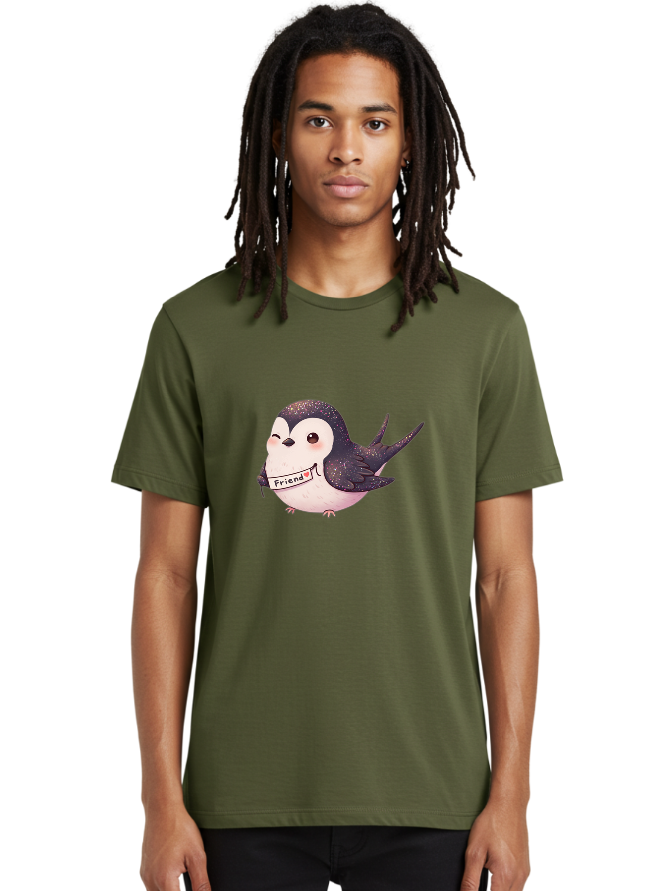 Friend Men'S Graphic Tee, 100% Cotton, Comfortable Casual Summer Wear, Machine Washable, Cartoon Bird, Friendship Symbol, Cute Animal, Bird Holding Sign, Sweet Gesture, Friendship Gift, Friendship Card, Adorable Illustration, Friendship Theme, Bae182 29