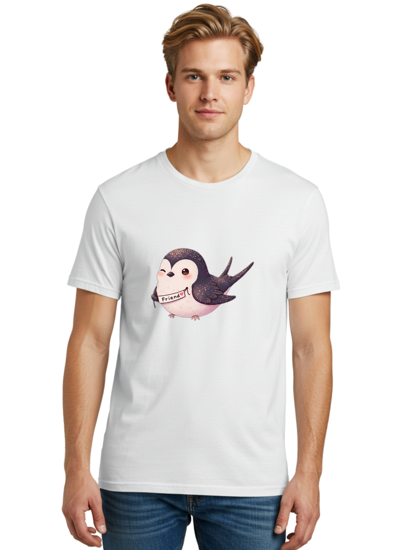 Friend Men'S Graphic Tee, 100% Cotton, Comfortable Casual Summer Wear, Machine Washable, Cartoon Bird, Friendship Symbol, Cute Animal, Bird Holding Sign, Sweet Gesture, Friendship Gift, Friendship Card, Adorable Illustration, Friendship Theme, Bae182 28