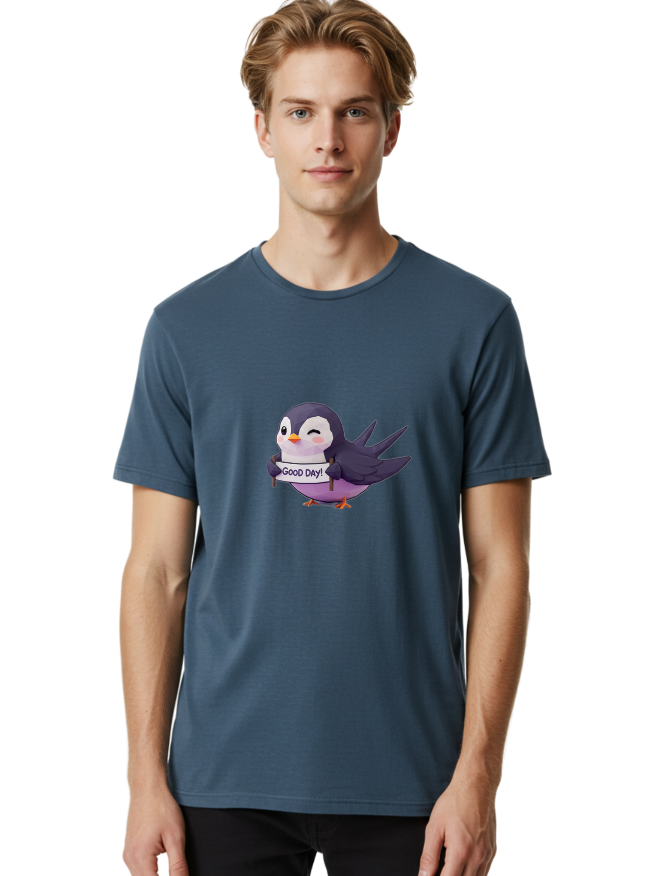 Good-Day-Bird Men'S Graphic Tee, 100% Cotton, Comfortable Casual Summer Wear, Machine Washable, Cartoon Bird, Good Day Sign, Kawaii Animal, Cute Illustration, Purple Bird, Winking Bird, Positive Vibes, Morning Motivation, Funny Graphics, Bae191 16