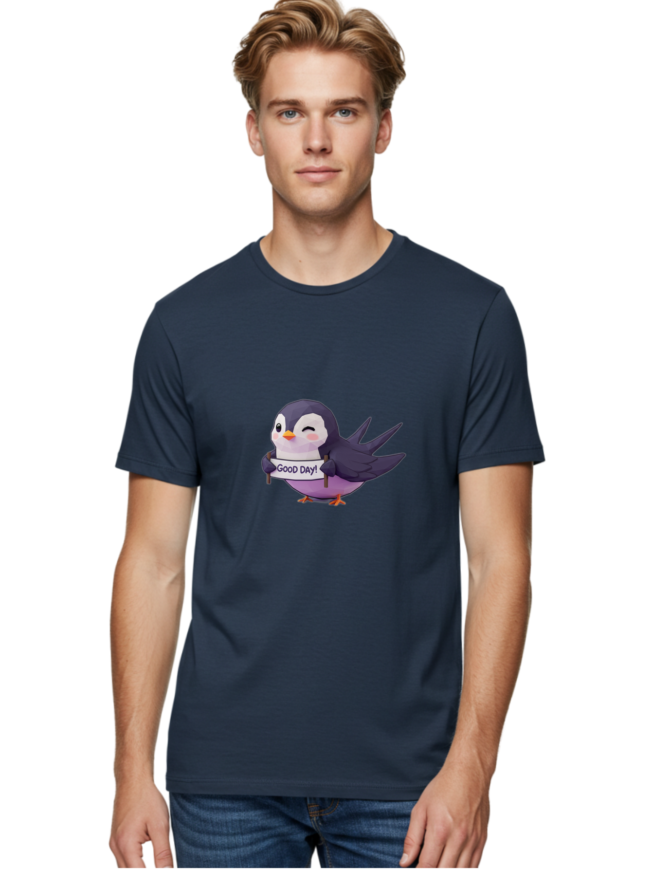 Good-Day-Bird Men'S Graphic Tee, 100% Cotton, Comfortable Casual Summer Wear, Machine Washable, Cartoon Bird, Good Day Sign, Kawaii Animal, Cute Illustration, Purple Bird, Winking Bird, Positive Vibes, Morning Motivation, Funny Graphics, Bae191 26