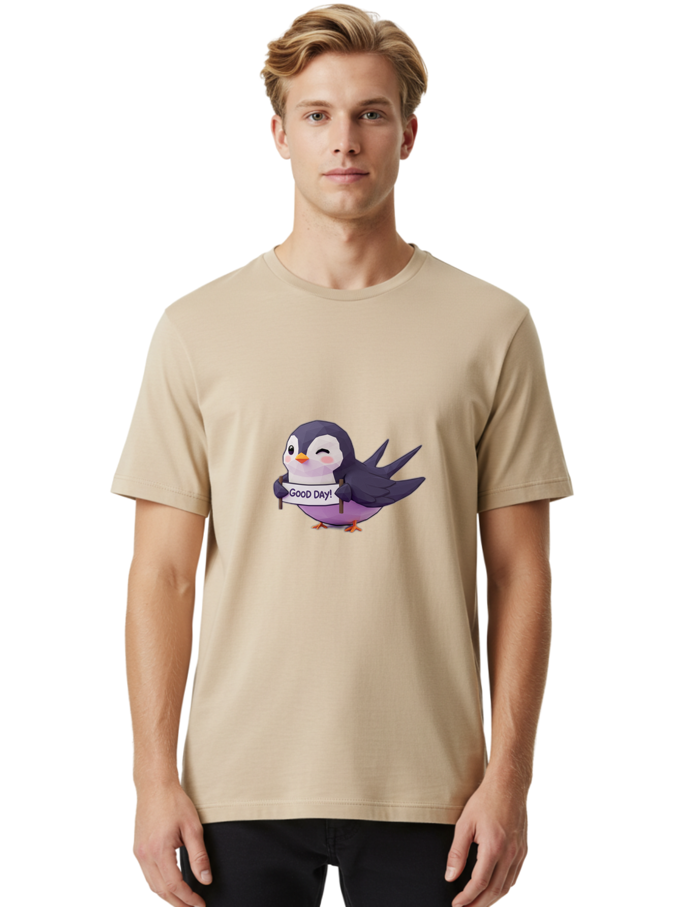 Good-Day-Bird Men'S Graphic Tee, 100% Cotton, Comfortable Casual Summer Wear, Machine Washable, Cartoon Bird, Good Day Sign, Kawaii Animal, Cute Illustration, Purple Bird, Winking Bird, Positive Vibes, Morning Motivation, Funny Graphics, Bae191 20