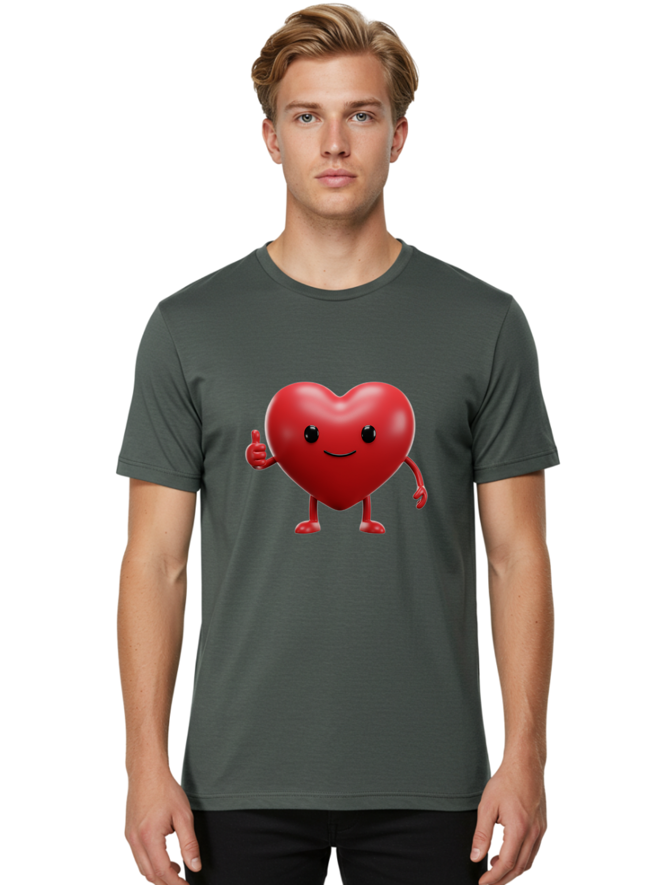 Happy-Heart Men'S Graphic Tee, 100% Cotton, Comfortable Casual Summer Wear, Machine Washable, Red Heart Character, Smiling Face, Thumbs Up, Cartoon Style, Heart Icon, Positive Attitude, Friendly Gesture, Love Symbol, Cute Design Bae195 28