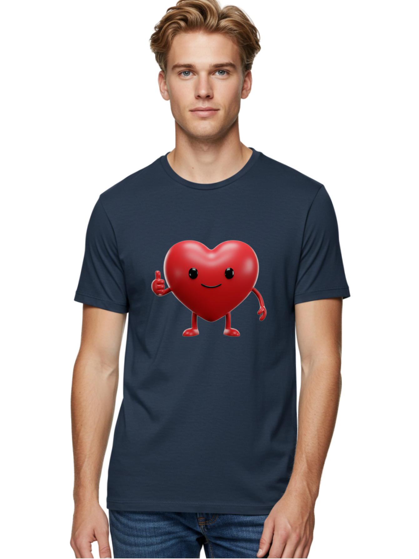 Happy-Heart Men'S Graphic Tee, 100% Cotton, Comfortable Casual Summer Wear, Machine Washable, Red Heart Character, Smiling Face, Thumbs Up, Cartoon Style, Heart Icon, Positive Attitude, Friendly Gesture, Love Symbol, Cute Design Bae195 25