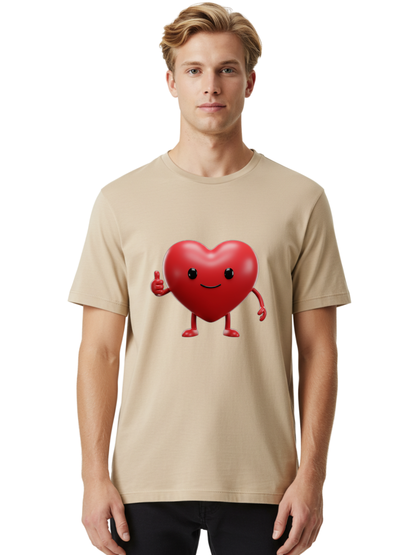 Happy-Heart Men'S Graphic Tee, 100% Cotton, Comfortable Casual Summer Wear, Machine Washable, Red Heart Character, Smiling Face, Thumbs Up, Cartoon Style, Heart Icon, Positive Attitude, Friendly Gesture, Love Symbol, Cute Design Bae195 20