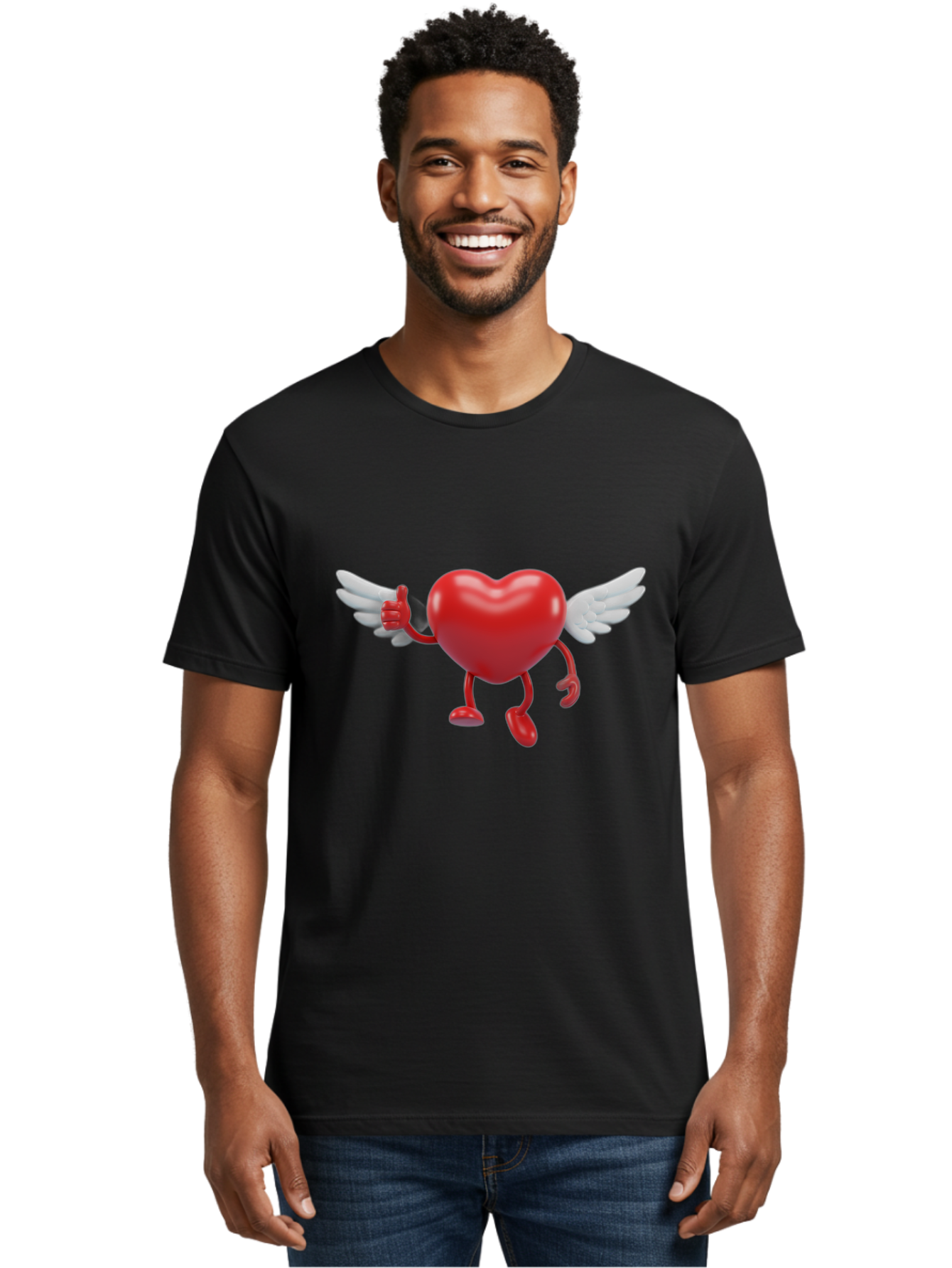Heart-Character-1 Men'S Graphic Tee, 100% Cotton, Comfortable Casual Summer Wear, Machine Washable, Heart Character, Thumbs Up, Cartoon Heart, Red Heart, White Wings, Funny Character, Cute Design, Heart Symbol Bae196 20