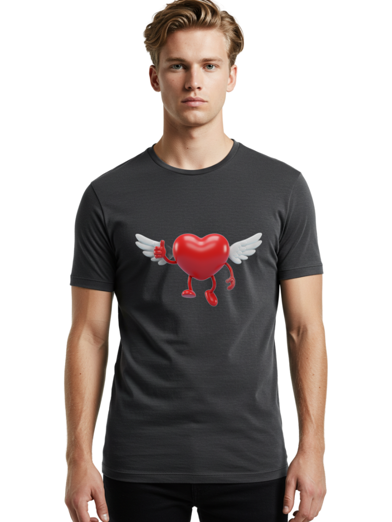 Heart-Character-1 Men'S Graphic Tee, 100% Cotton, Comfortable Casual Summer Wear, Machine Washable, Heart Character, Thumbs Up, Cartoon Heart, Red Heart, White Wings, Funny Character, Cute Design, Heart Symbol Bae196 21