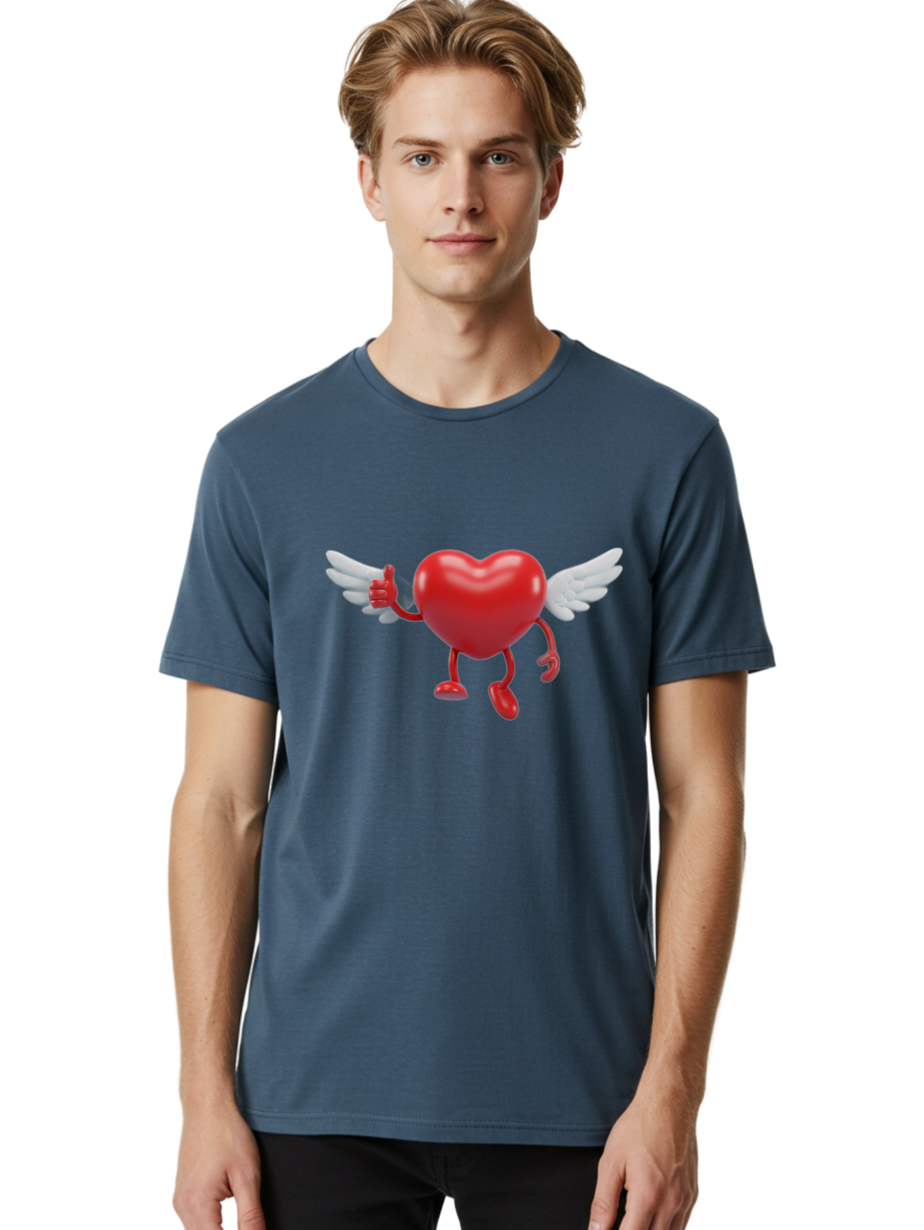 Heart-Character-1 Men'S Graphic Tee, 100% Cotton, Comfortable Casual Summer Wear, Machine Washable, Heart Character, Thumbs Up, Cartoon Heart, Red Heart, White Wings, Funny Character, Cute Design, Heart Symbol Bae196 30
