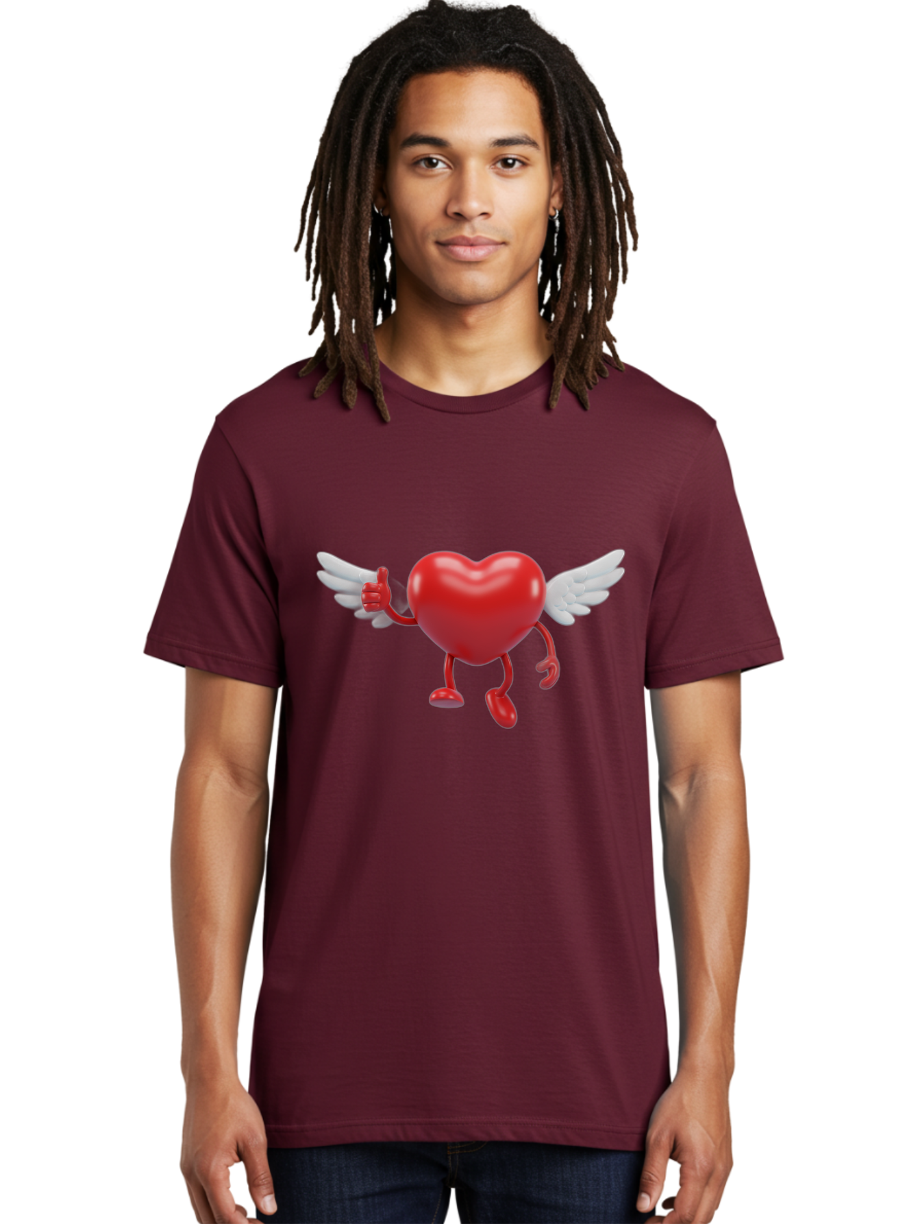 Heart-Character-1 Men'S Graphic Tee, 100% Cotton, Comfortable Casual Summer Wear, Machine Washable, Heart Character, Thumbs Up, Cartoon Heart, Red Heart, White Wings, Funny Character, Cute Design, Heart Symbol Bae196 25