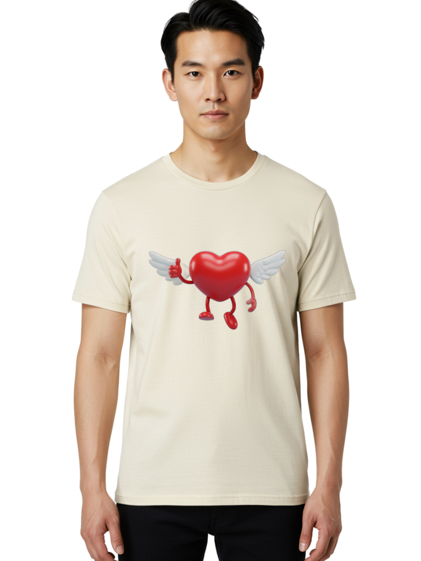 Heart-Character-1 Men'S Graphic Tee, 100% Cotton, Comfortable Casual Summer Wear, Machine Washable, Heart Character, Thumbs Up, Cartoon Heart, Red Heart, White Wings, Funny Character, Cute Design, Heart Symbol Bae196 17
