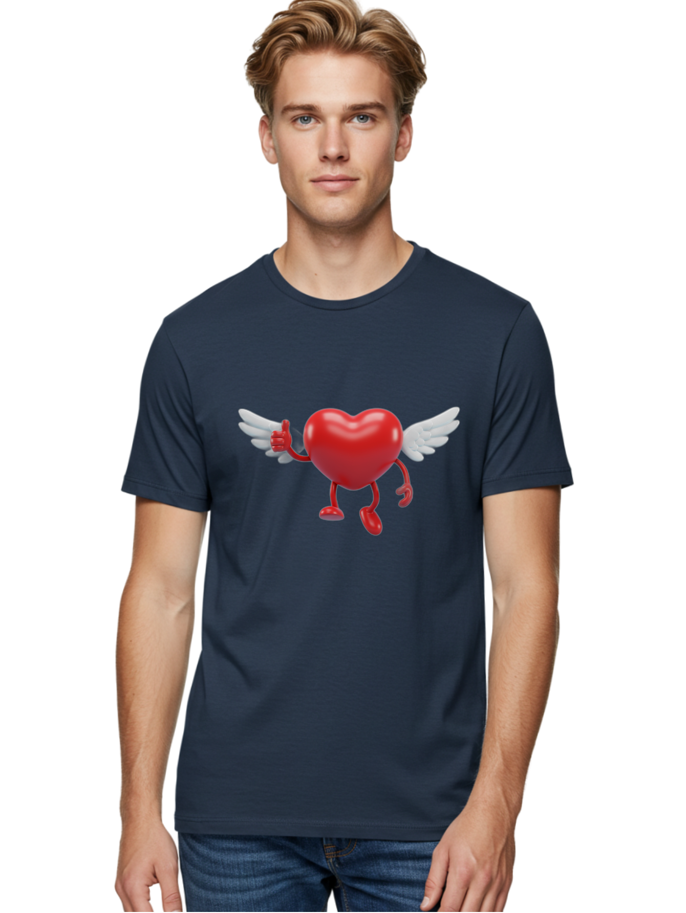 Heart-Character-1 Men'S Graphic Tee, 100% Cotton, Comfortable Casual Summer Wear, Machine Washable, Heart Character, Thumbs Up, Cartoon Heart, Red Heart, White Wings, Funny Character, Cute Design, Heart Symbol Bae196 16