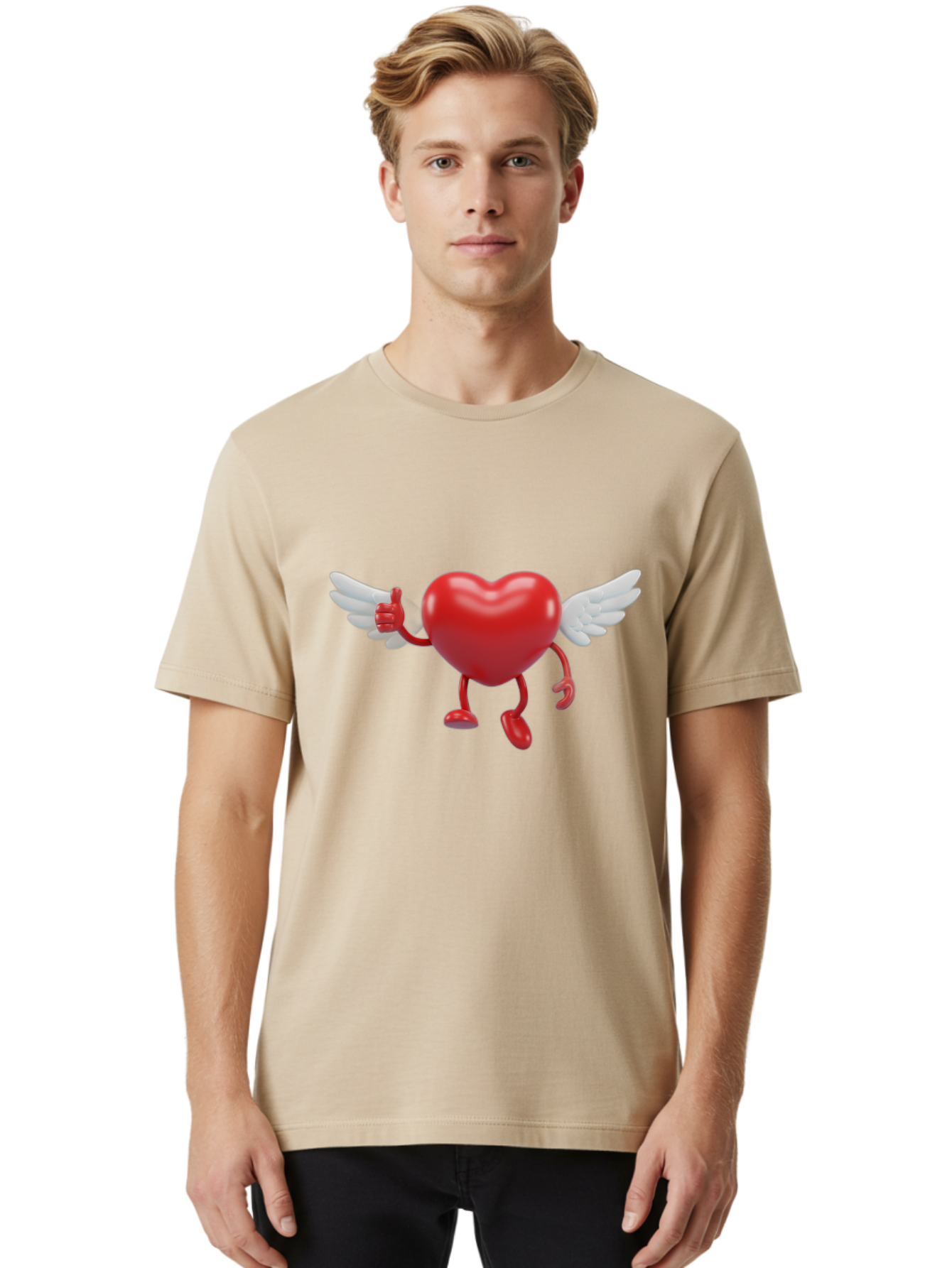 Heart-Character-1 Men'S Graphic Tee, 100% Cotton, Comfortable Casual Summer Wear, Machine Washable, Heart Character, Thumbs Up, Cartoon Heart, Red Heart, White Wings, Funny Character, Cute Design, Heart Symbol Bae196 29