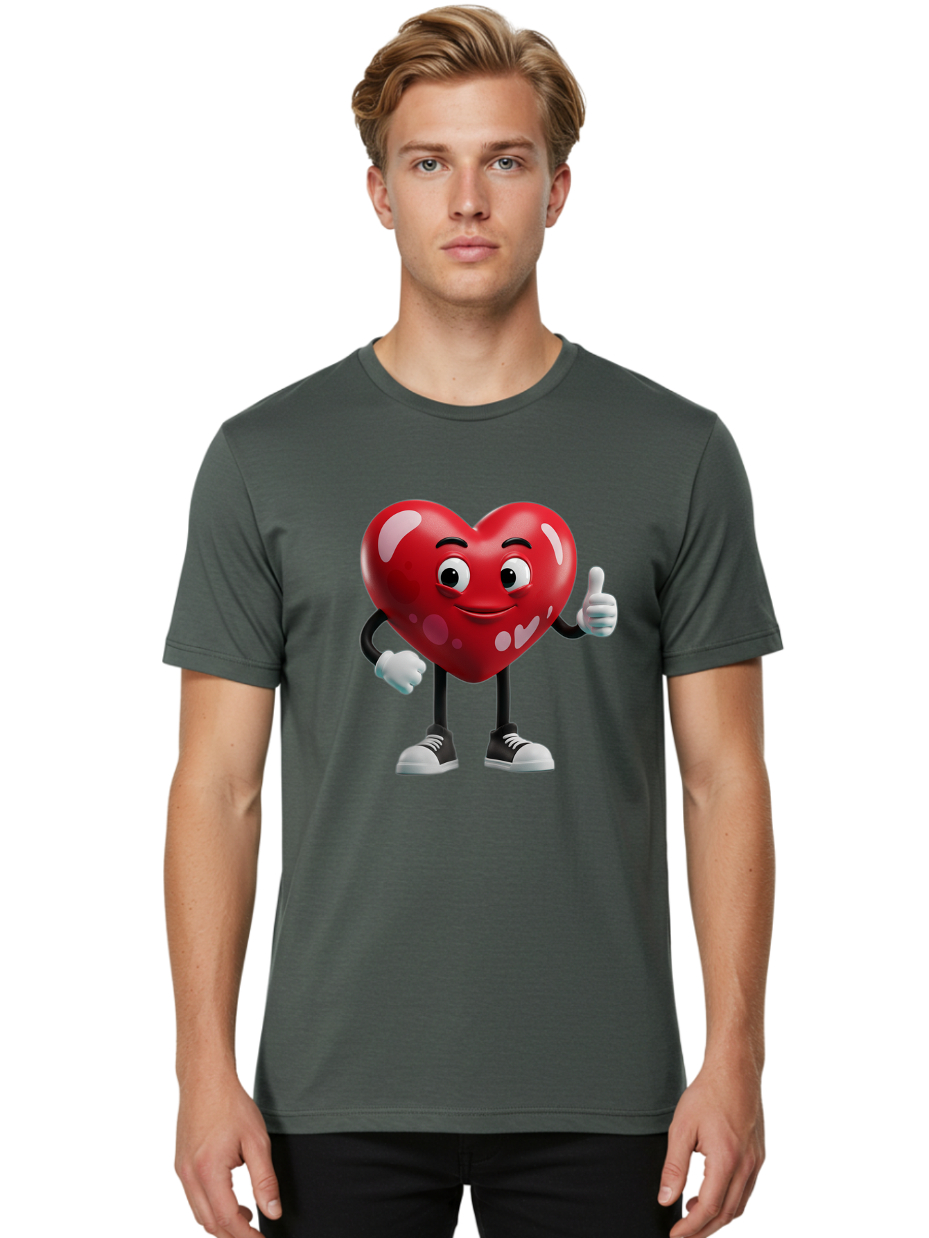 Heart-Character Men'S Graphic Tee, 100% Cotton, Comfortable Casual Summer Wear, Machine Washable, Cartoon Heart, Red Heart, Smiling Face, Thumbs Up, Approval, Positivity, Love, Happiness, Friendship, Gesture Of Approval, Cartoon Character Bae197 24