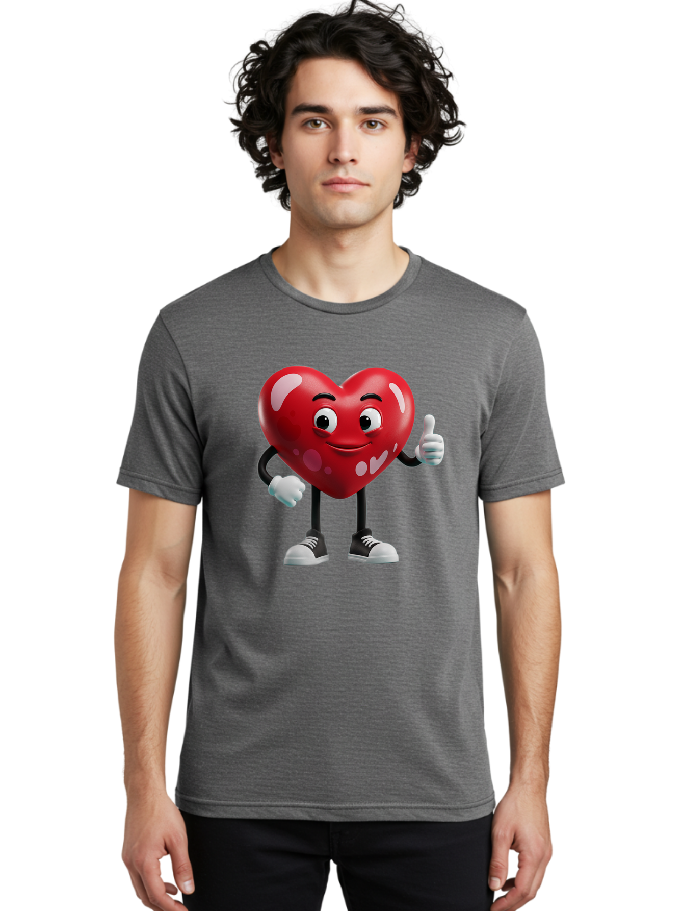 Heart-Character Men'S Graphic Tee, 100% Cotton, Comfortable Casual Summer Wear, Machine Washable, Cartoon Heart, Red Heart, Smiling Face, Thumbs Up, Approval, Positivity, Love, Happiness, Friendship, Gesture Of Approval, Cartoon Character Bae197 28