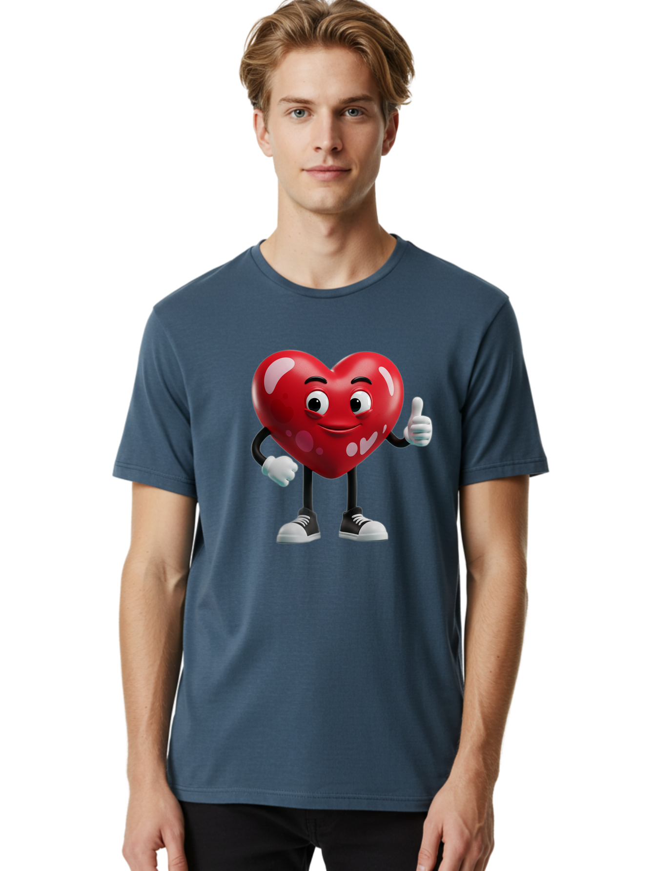 Heart-Character Men'S Graphic Tee, 100% Cotton, Comfortable Casual Summer Wear, Machine Washable, Cartoon Heart, Red Heart, Smiling Face, Thumbs Up, Approval, Positivity, Love, Happiness, Friendship, Gesture Of Approval, Cartoon Character Bae197 20