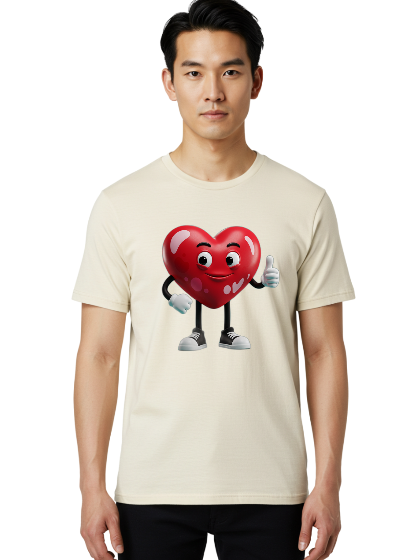 Heart-Character Men'S Graphic Tee, 100% Cotton, Comfortable Casual Summer Wear, Machine Washable, Cartoon Heart, Red Heart, Smiling Face, Thumbs Up, Approval, Positivity, Love, Happiness, Friendship, Gesture Of Approval, Cartoon Character Bae197 19