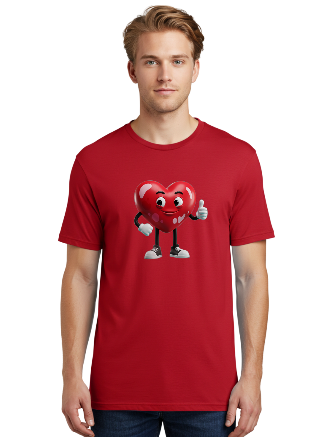 Heart-Character Men'S Graphic Tee, 100% Cotton, Comfortable Casual Summer Wear, Machine Washable, Cartoon Heart, Red Heart, Smiling Face, Thumbs Up, Approval, Positivity, Love, Happiness, Friendship, Gesture Of Approval, Cartoon Character Bae197 29