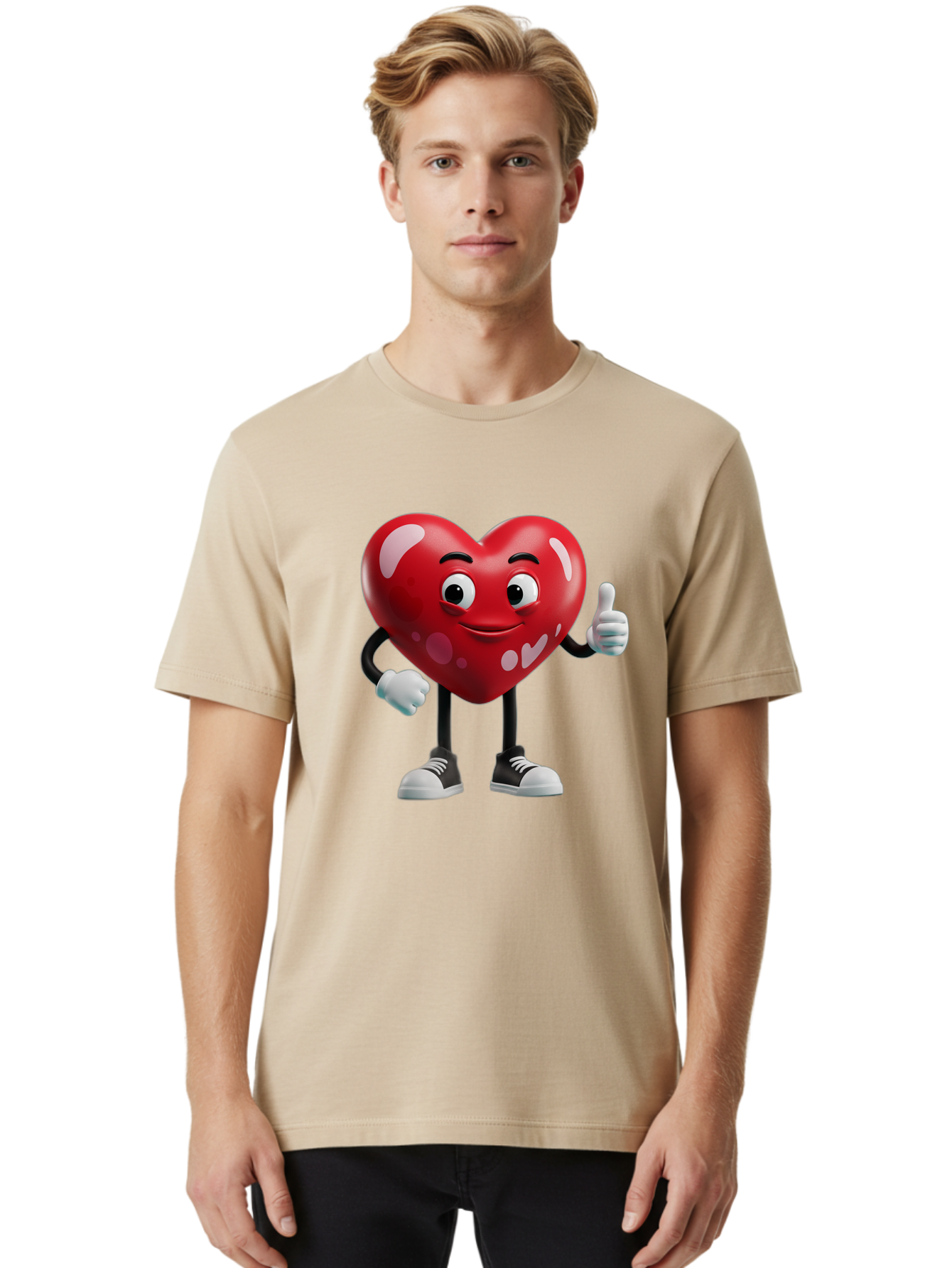 Heart-Character Men'S Graphic Tee, 100% Cotton, Comfortable Casual Summer Wear, Machine Washable, Cartoon Heart, Red Heart, Smiling Face, Thumbs Up, Approval, Positivity, Love, Happiness, Friendship, Gesture Of Approval, Cartoon Character Bae197 25