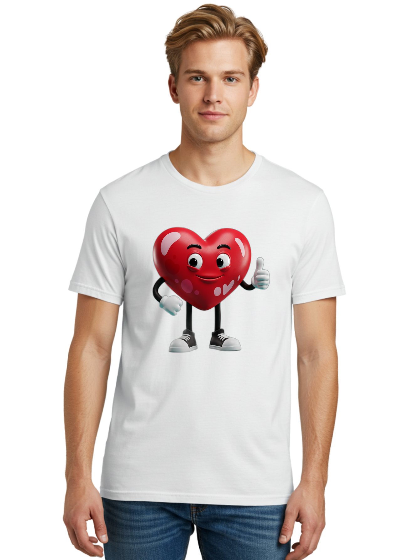 Heart-Character Men'S Graphic Tee, 100% Cotton, Comfortable Casual Summer Wear, Machine Washable, Cartoon Heart, Red Heart, Smiling Face, Thumbs Up, Approval, Positivity, Love, Happiness, Friendship, Gesture Of Approval, Cartoon Character Bae197 30