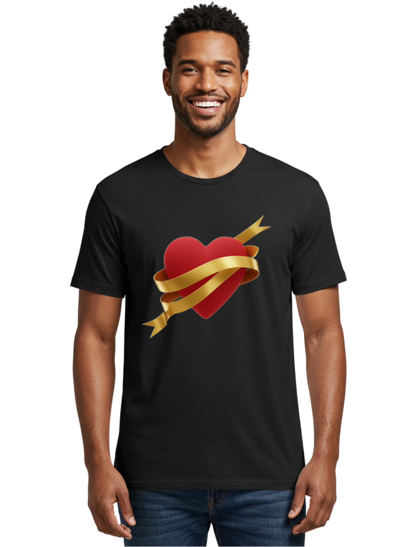 Heart-With-Ribbon-And-Arrow Men'S Graphic Tee, 100% Cotton, Comfortable Casual Summer Wear, Machine Washable, Red Heart, Gold Ribbon, Arrow Through Heart, Love Symbol, Valentines Day, Symbol Of Love, Heart With Ribbon Bae200 22