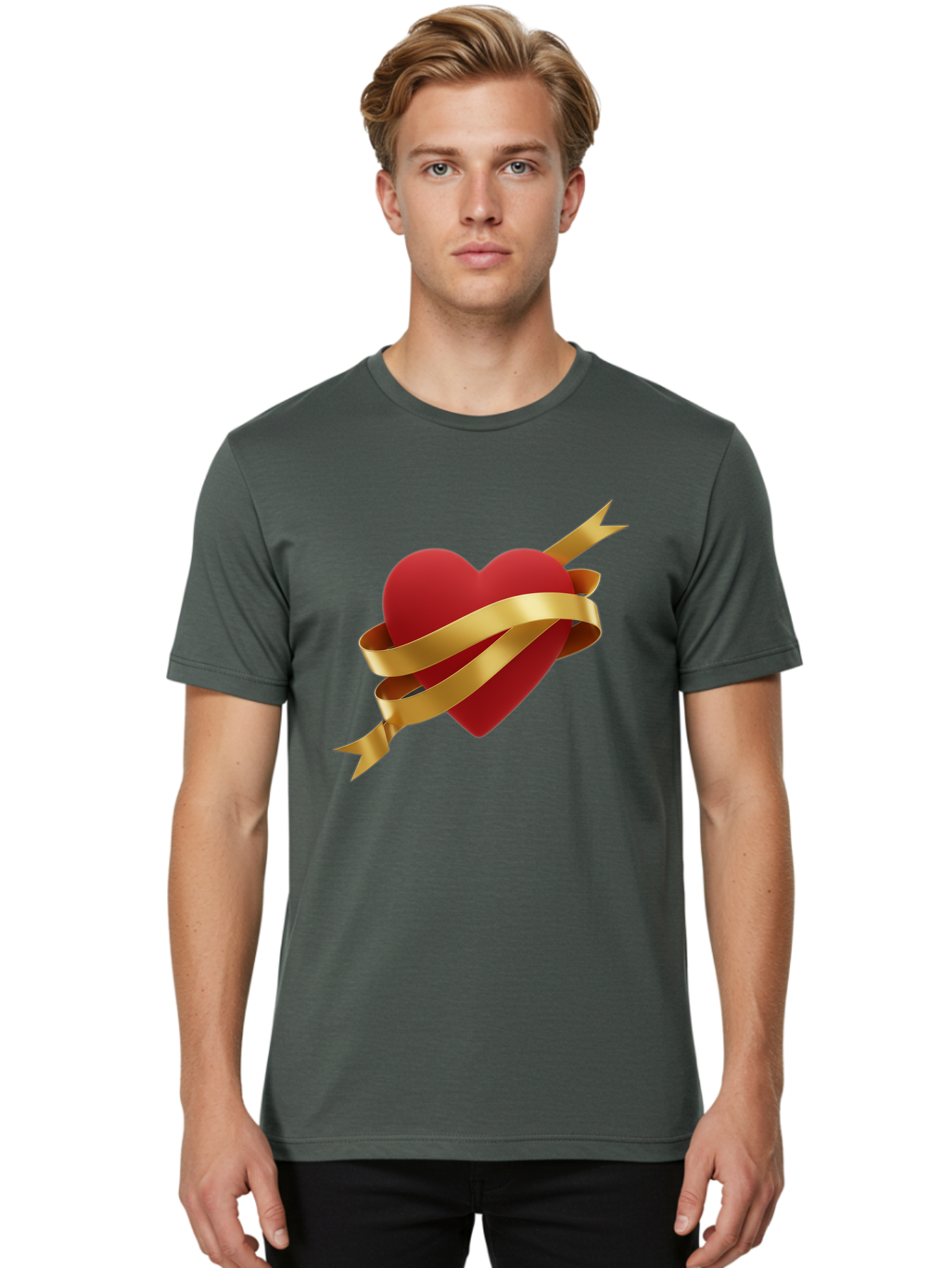 Heart-With-Ribbon-And-Arrow Men'S Graphic Tee, 100% Cotton, Comfortable Casual Summer Wear, Machine Washable, Red Heart, Gold Ribbon, Arrow Through Heart, Love Symbol, Valentines Day, Symbol Of Love, Heart With Ribbon Bae200 18