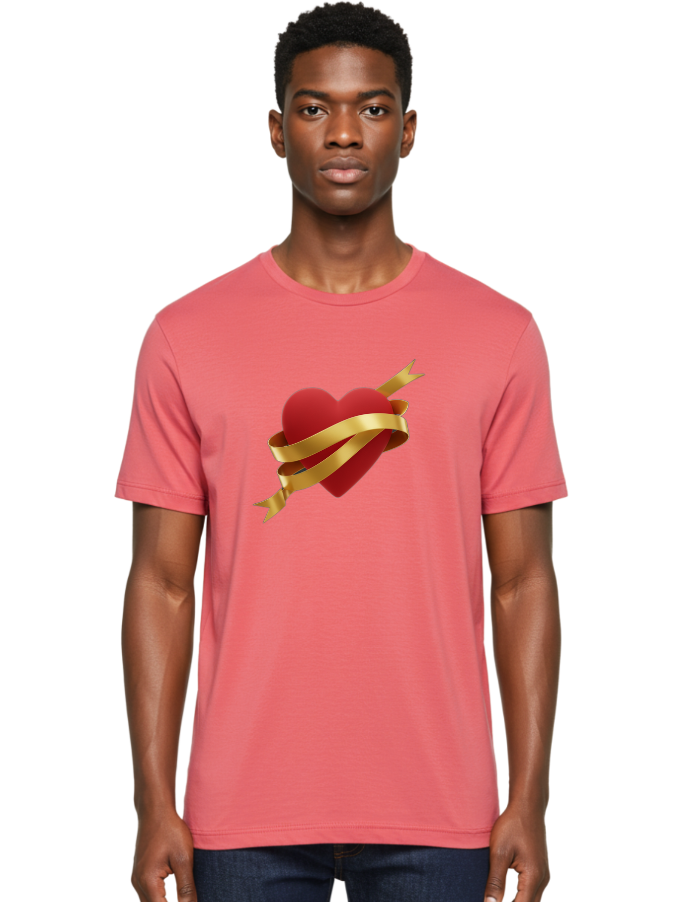 Heart-With-Ribbon-And-Arrow Men'S Graphic Tee, 100% Cotton, Comfortable Casual Summer Wear, Machine Washable, Red Heart, Gold Ribbon, Arrow Through Heart, Love Symbol, Valentines Day, Symbol Of Love, Heart With Ribbon Bae200 23