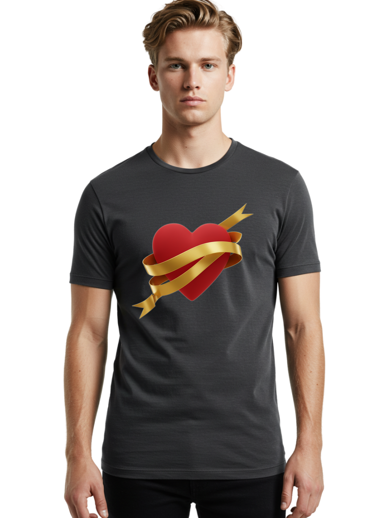 Heart-With-Ribbon-And-Arrow Men'S Graphic Tee, 100% Cotton, Comfortable Casual Summer Wear, Machine Washable, Red Heart, Gold Ribbon, Arrow Through Heart, Love Symbol, Valentines Day, Symbol Of Love, Heart With Ribbon Bae200 21