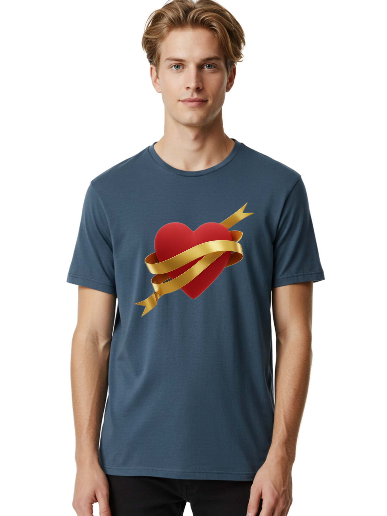 Heart-With-Ribbon-And-Arrow Men'S Graphic Tee, 100% Cotton, Comfortable Casual Summer Wear, Machine Washable, Red Heart, Gold Ribbon, Arrow Through Heart, Love Symbol, Valentines Day, Symbol Of Love, Heart With Ribbon Bae200 20