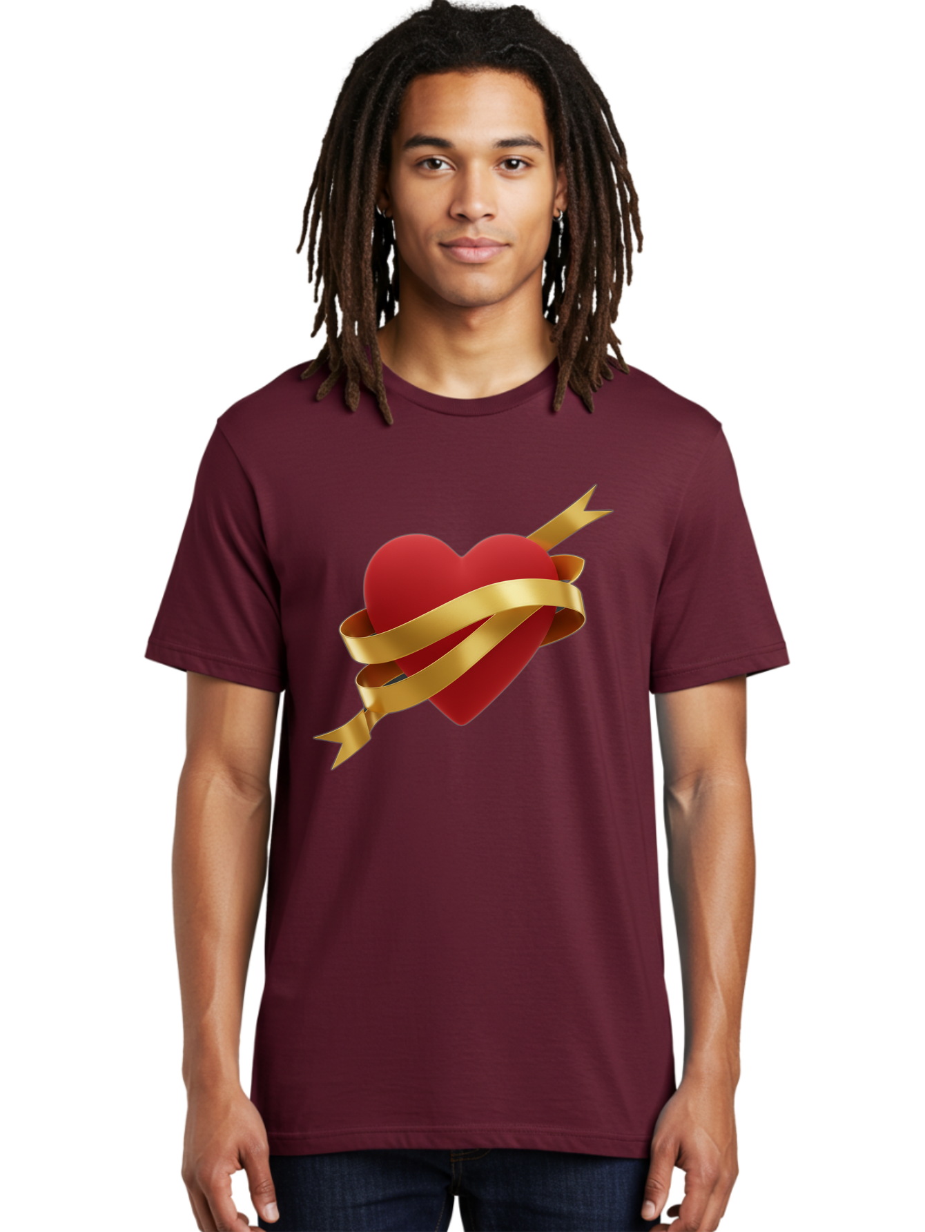 Heart-With-Ribbon-And-Arrow Men'S Graphic Tee, 100% Cotton, Comfortable Casual Summer Wear, Machine Washable, Red Heart, Gold Ribbon, Arrow Through Heart, Love Symbol, Valentines Day, Symbol Of Love, Heart With Ribbon Bae200 25