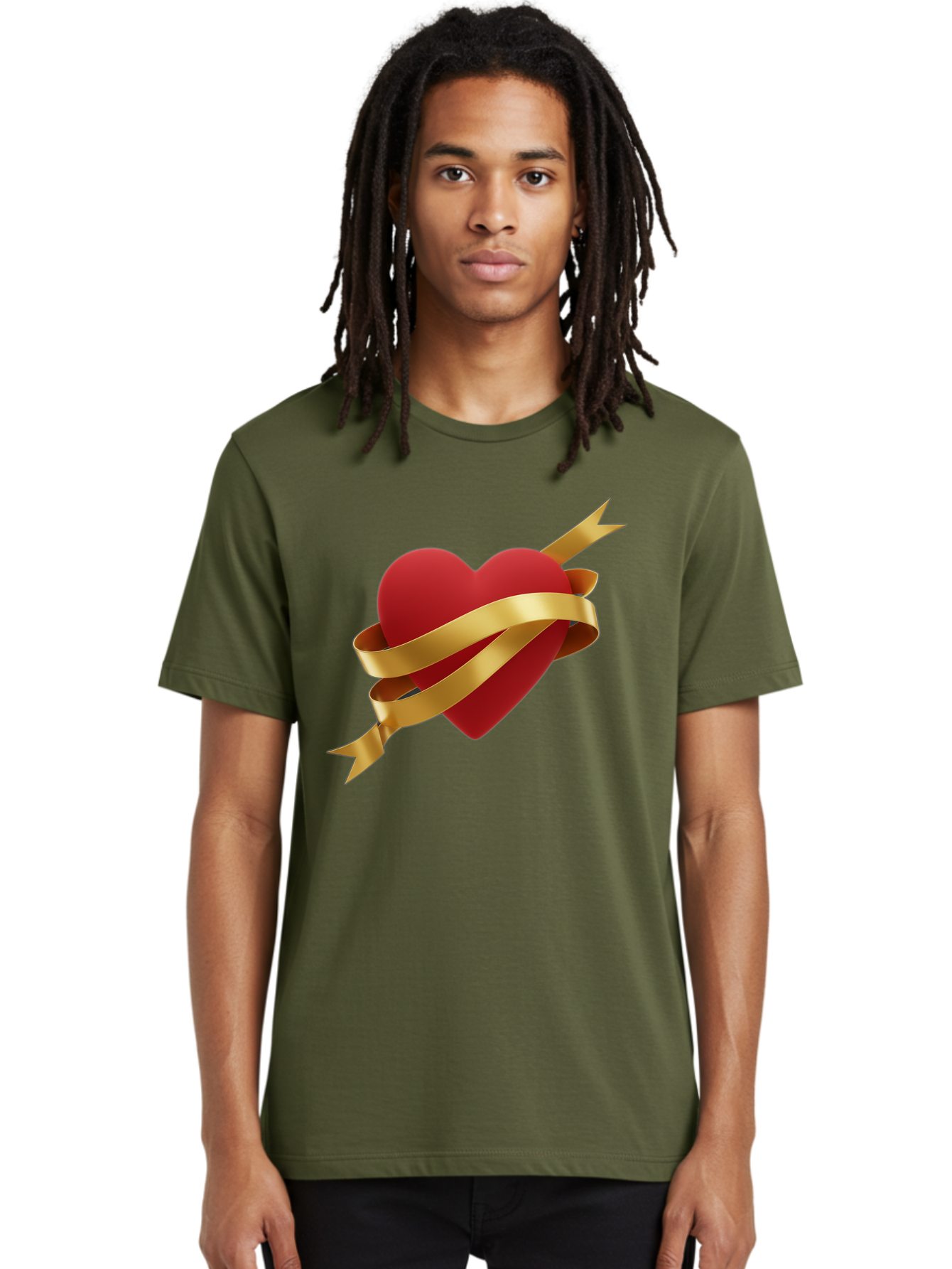 Heart-With-Ribbon-And-Arrow Men'S Graphic Tee, 100% Cotton, Comfortable Casual Summer Wear, Machine Washable, Red Heart, Gold Ribbon, Arrow Through Heart, Love Symbol, Valentines Day, Symbol Of Love, Heart With Ribbon Bae200 17