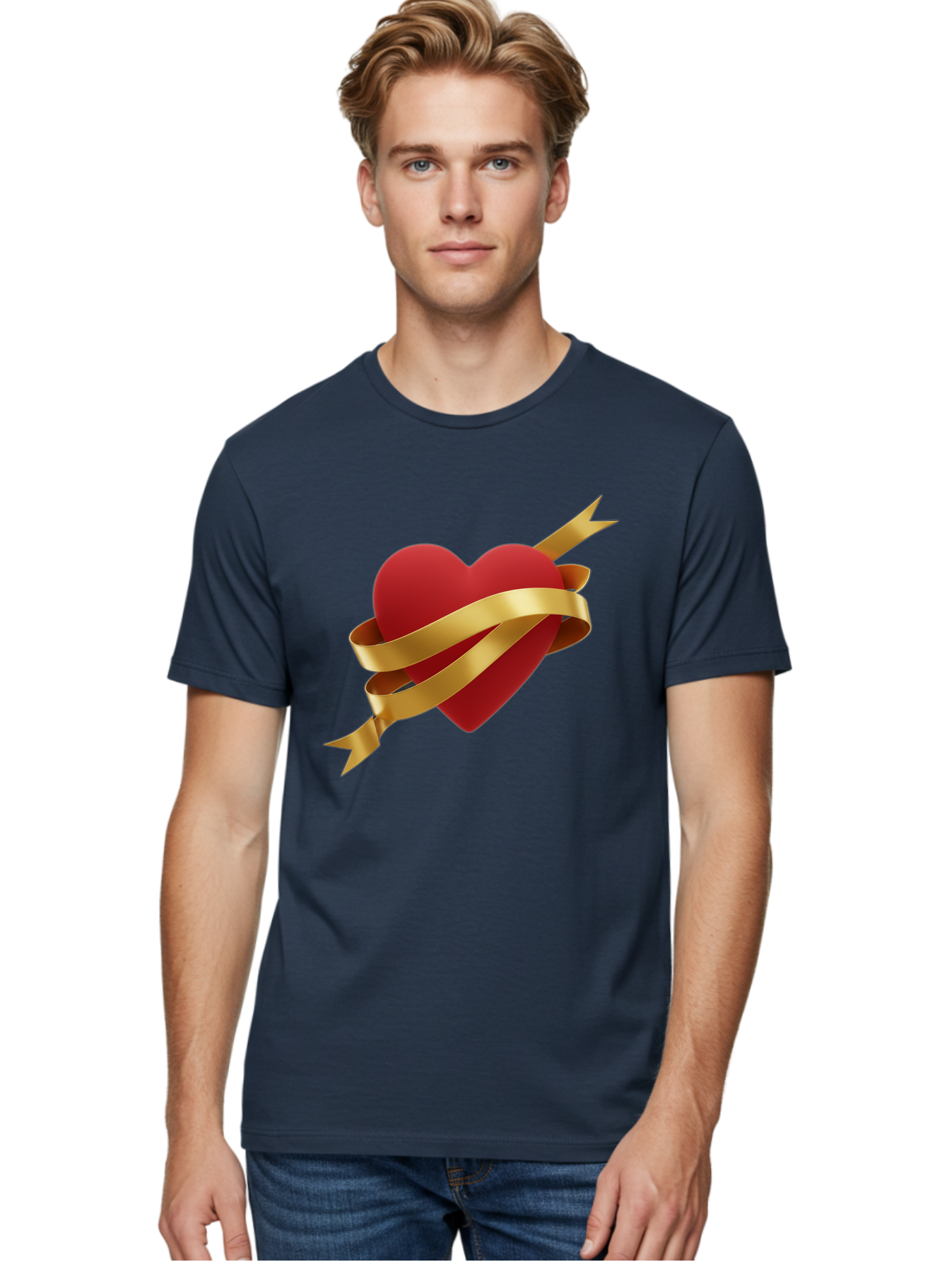 Heart-With-Ribbon-And-Arrow Men'S Graphic Tee, 100% Cotton, Comfortable Casual Summer Wear, Machine Washable, Red Heart, Gold Ribbon, Arrow Through Heart, Love Symbol, Valentines Day, Symbol Of Love, Heart With Ribbon Bae200 27